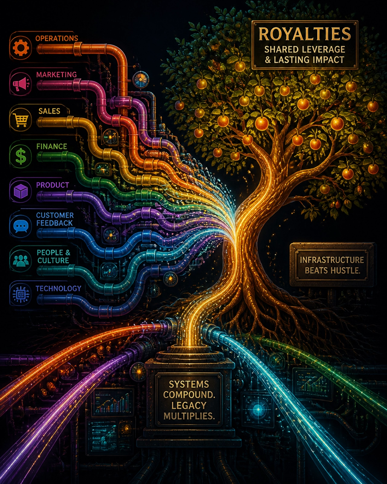 A surreal visual of glowing, colorful systems feeding a business tree, representing royalties as an investment in infrastructure.