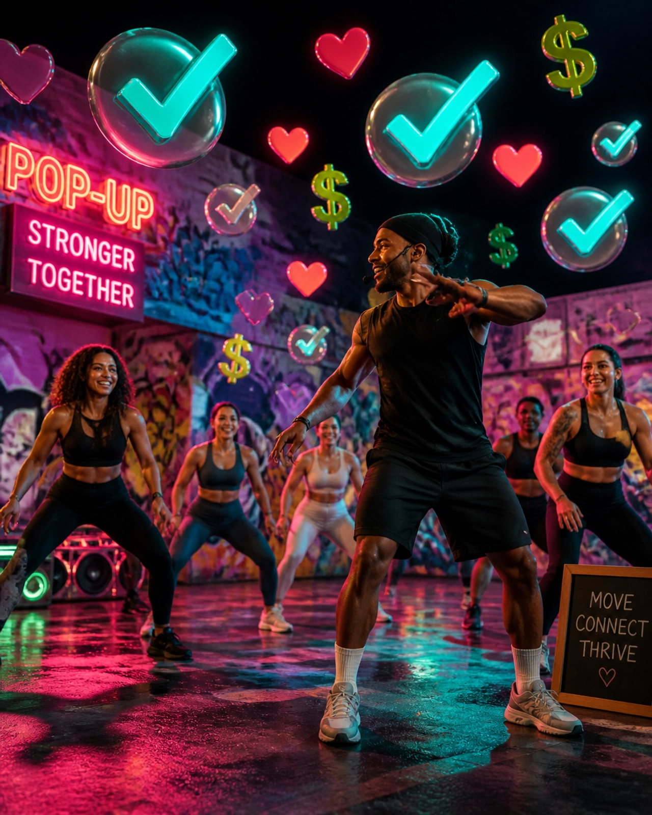 A poppy editorial image showing a high-energy pop-up class led by a new instructor, validating the business model.