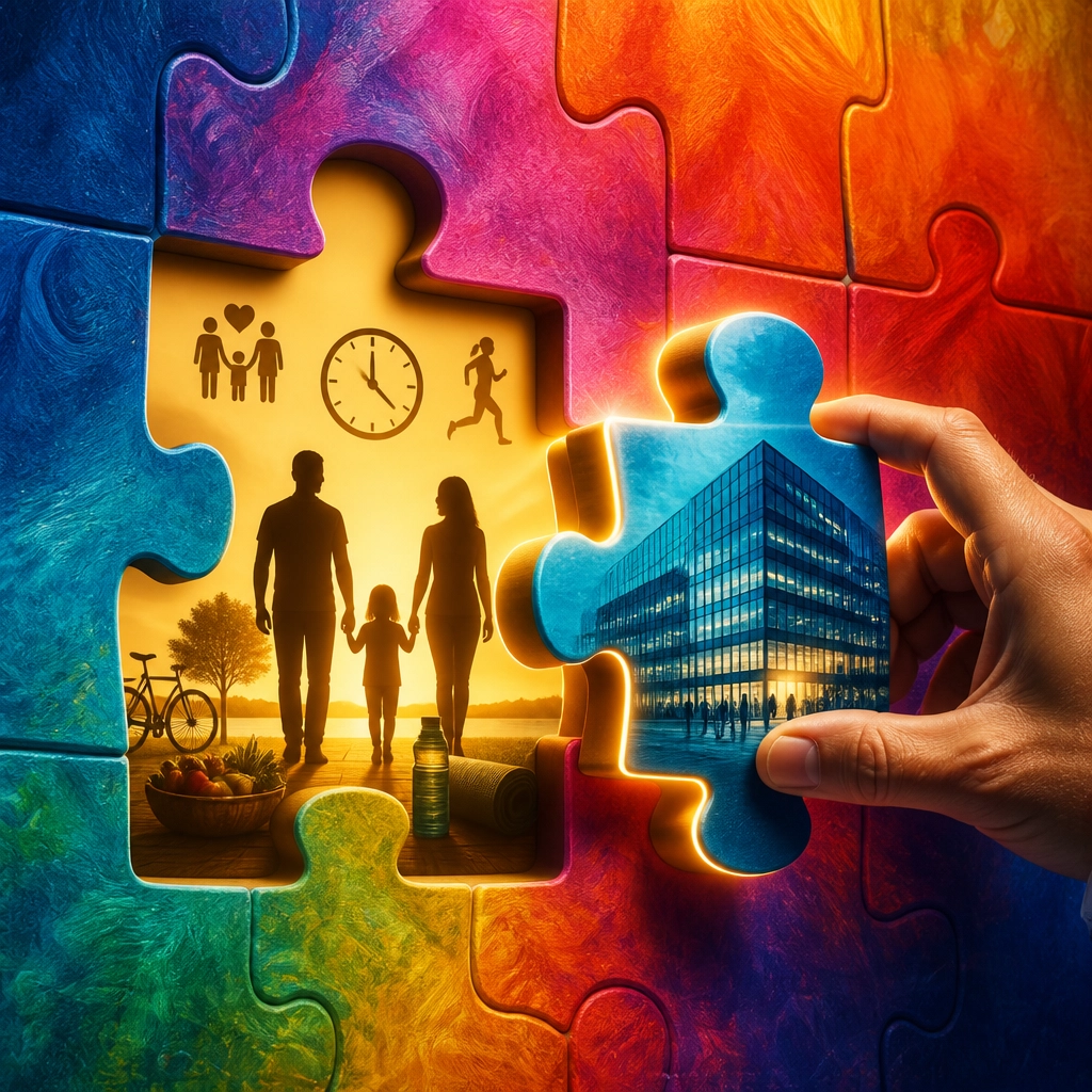 A professional hand sliding a puzzle piece of a business into a person's lifestyle silhouette