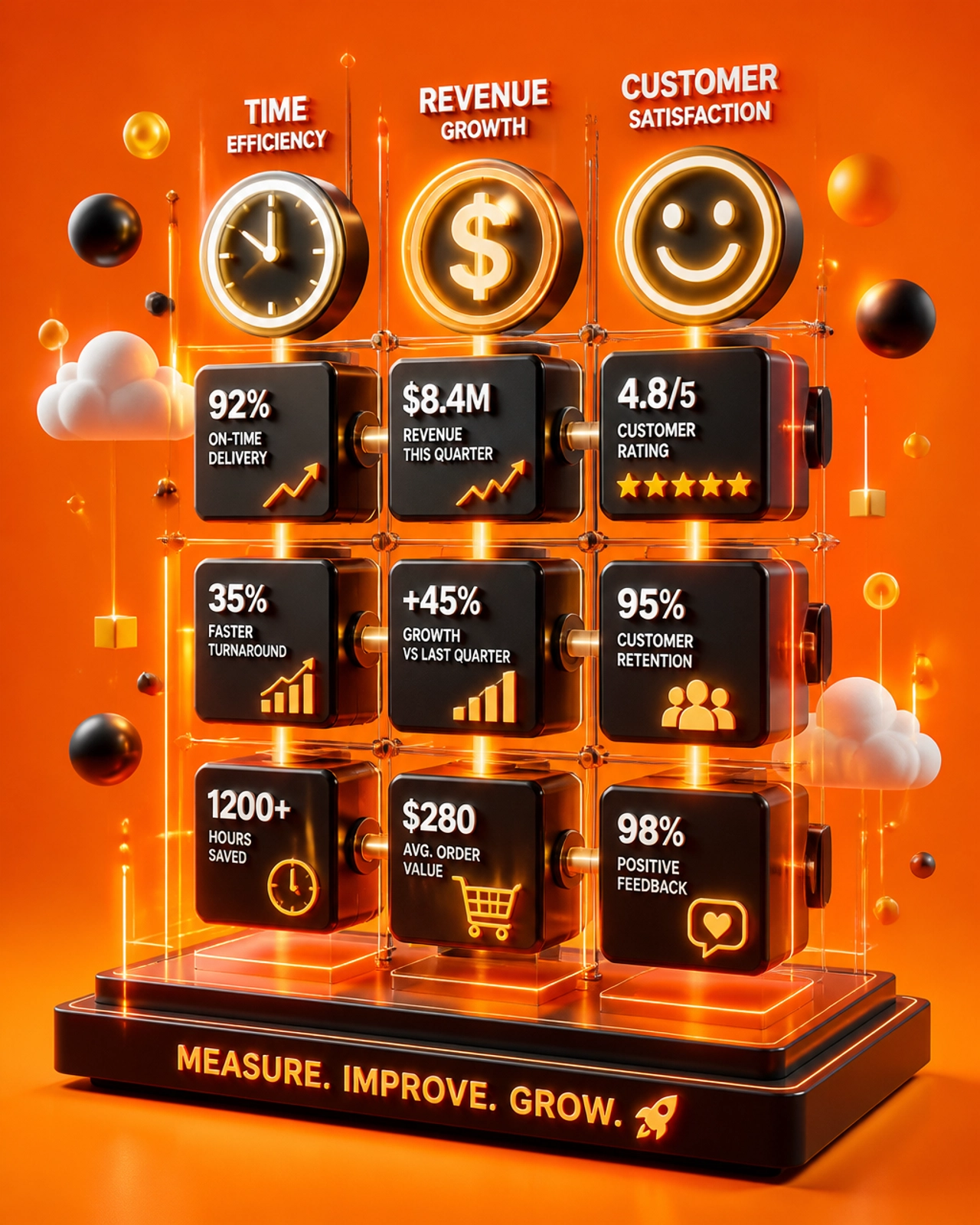 A high-energy visualization of business metrics like time, revenue, and customer satisfaction glowing in a structured 3D grid.