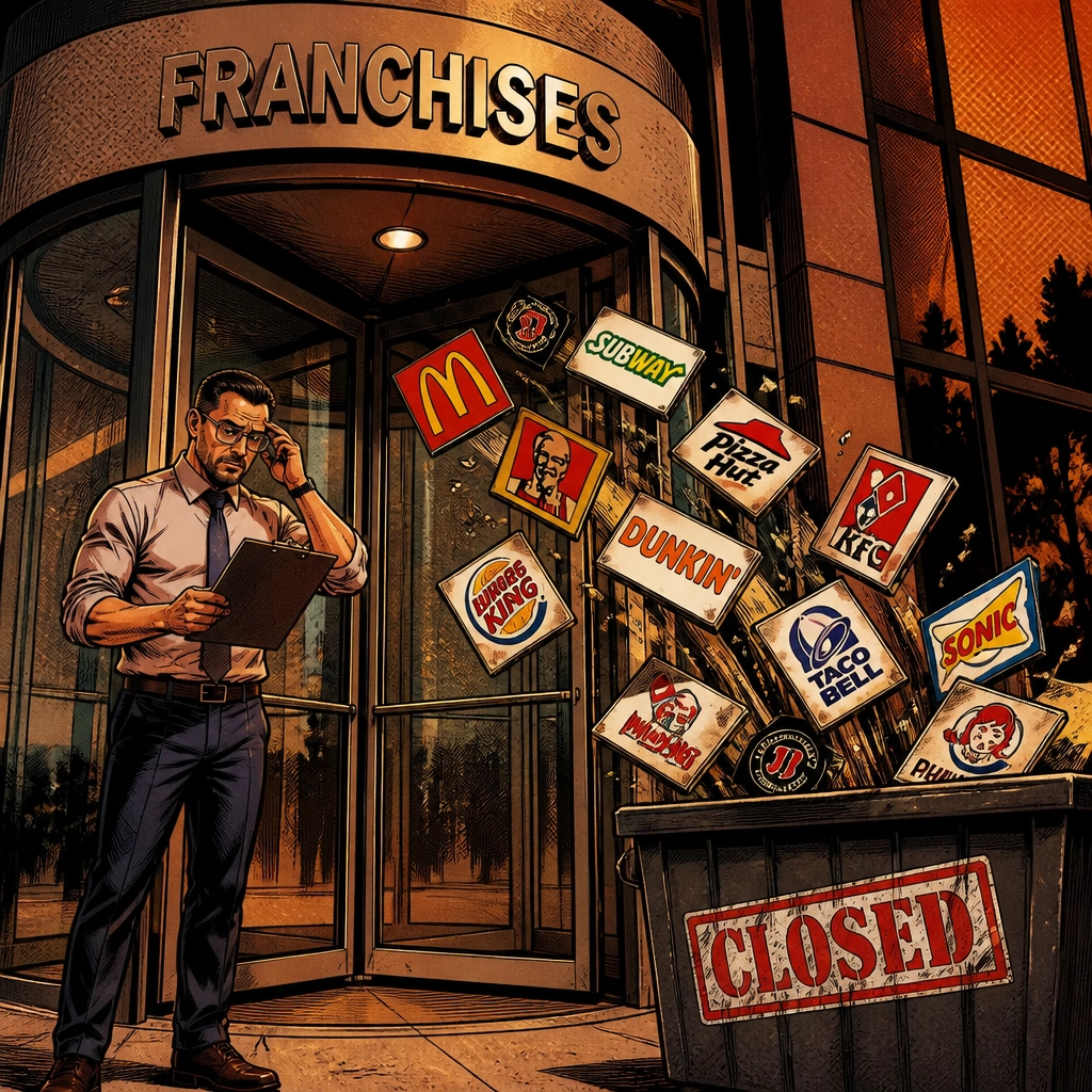 Vibrant comic-book style illustration of a large revolving door where logos are flying out into a 'closed' bin, representing high franchise churn.