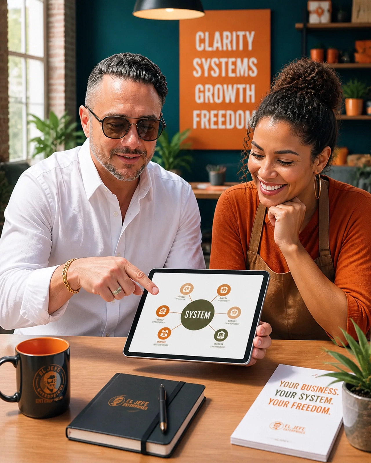 A professional business consultant and a studio owner reviewing a growth system diagram together.