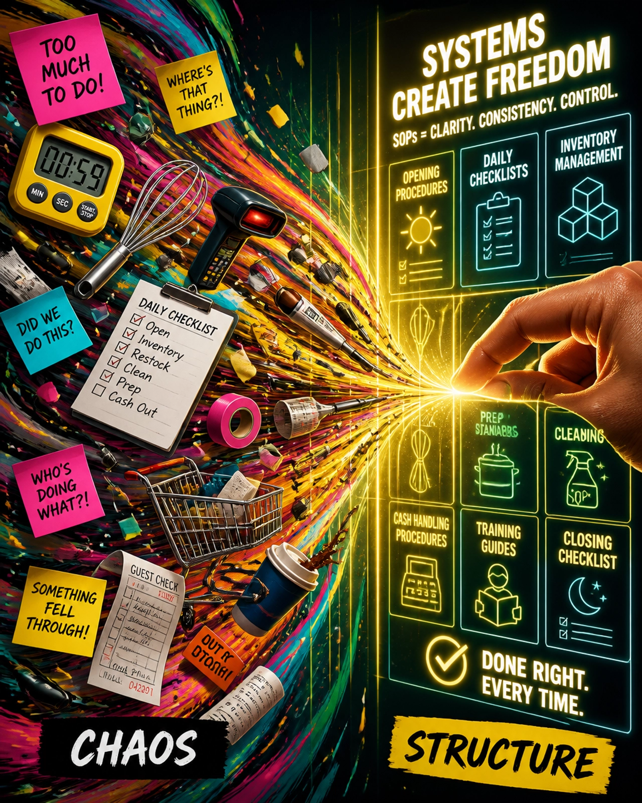 Operational chaos being pulled into a structured, glowing grid of systems