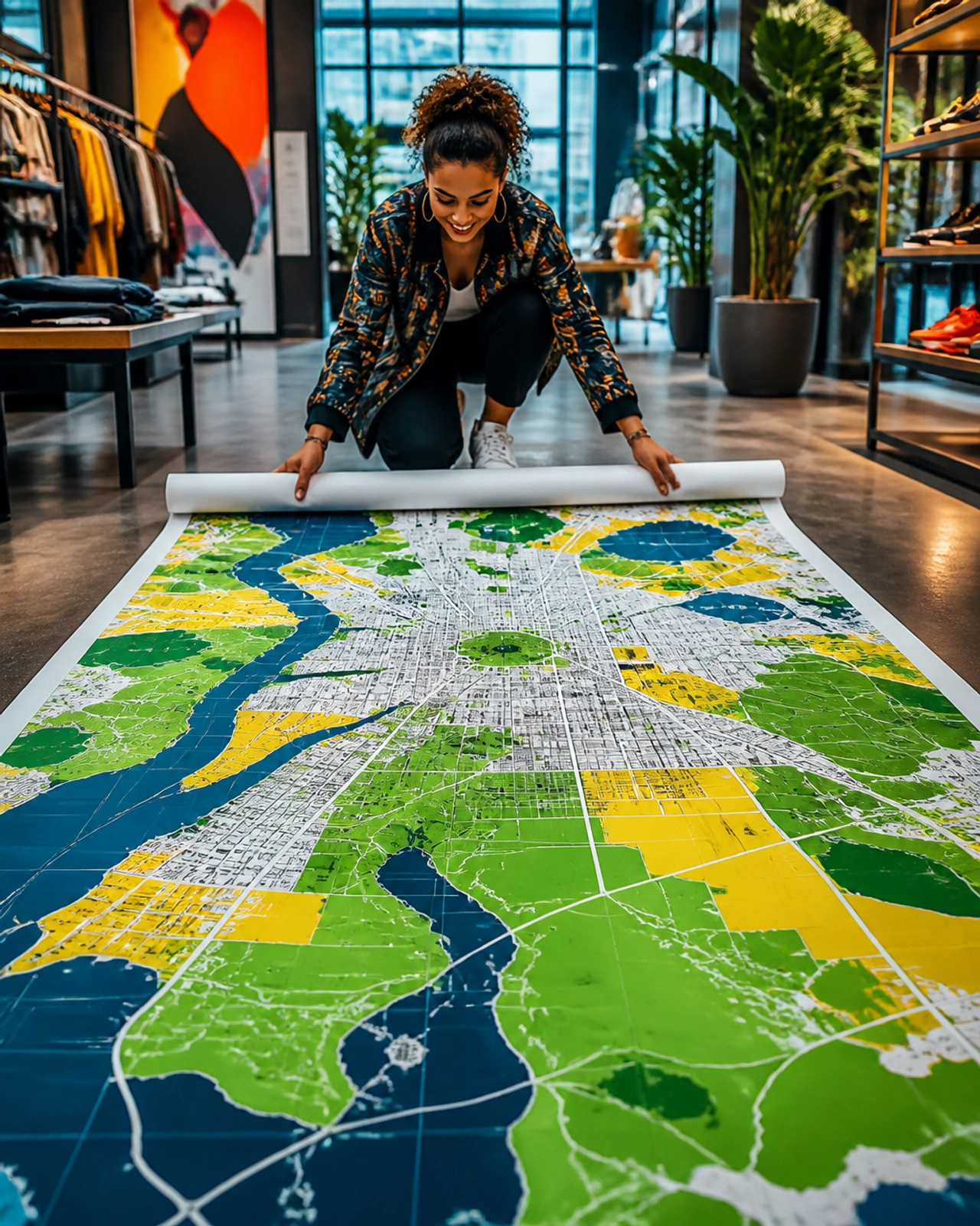 An energetic scene of a person unrolling a large, colorful map showing open territory for growth.