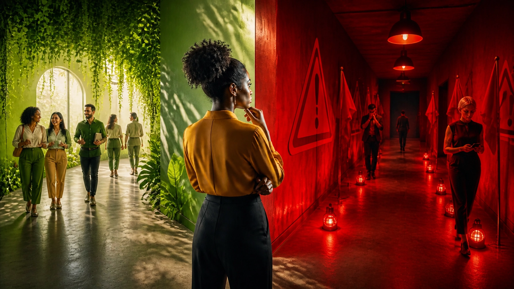 A diverse entrepreneur at a bold decision point, surrounded by vivid red and green cues in a playful, high-end editorial metaphor.