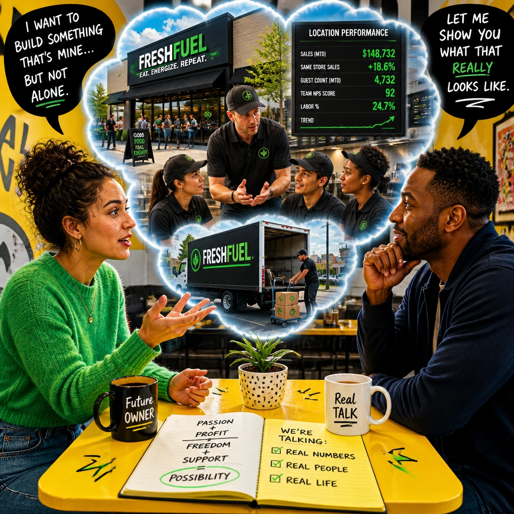 Two people at a cafe having an unfiltered, real conversation about business
