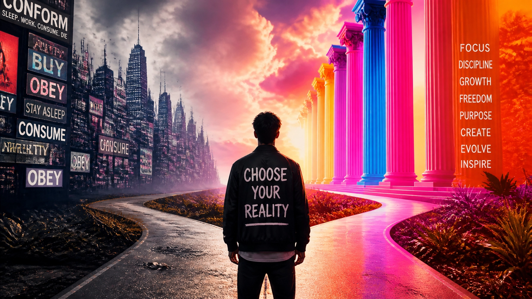 A surrealist, poppy editorial image showing a person standing at a crossroads between chaos and a bright, structured architecture of glowing pillars.