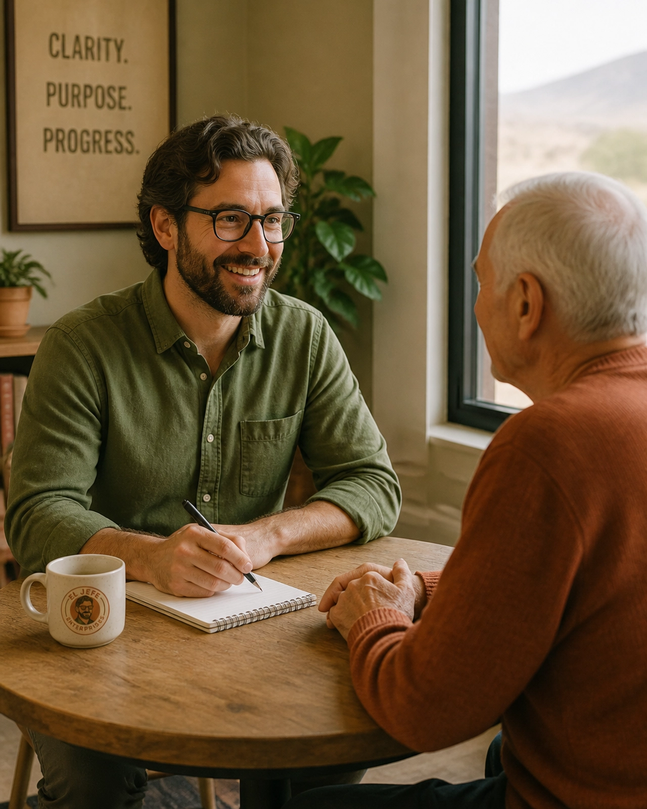 A warm, human-centered photograph of a professional caregiver having an engaging conversation with an older adult.
