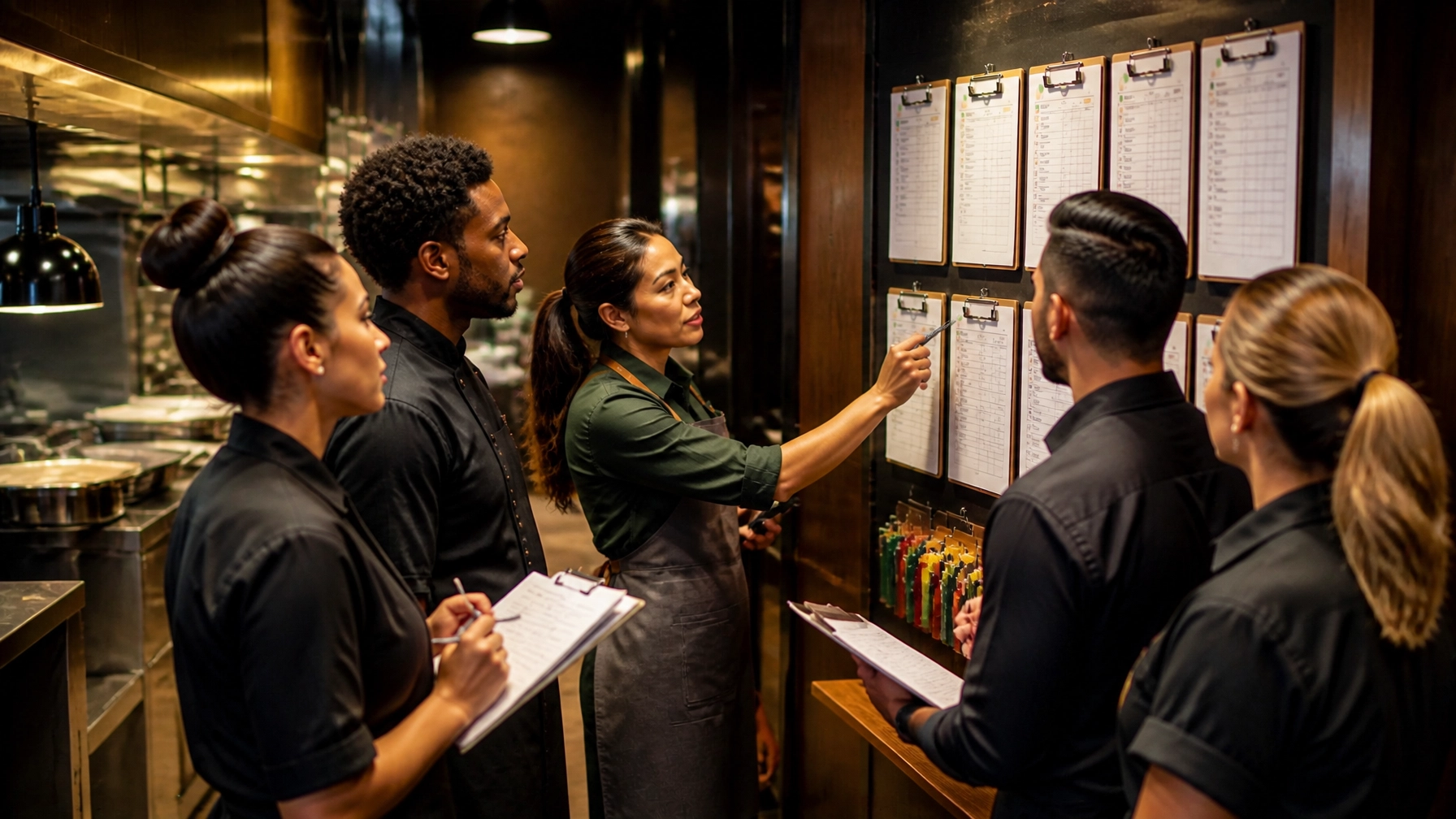 Diverse shift leaders reviewing daily logs and handoff notes together in a smart, professional operational setting