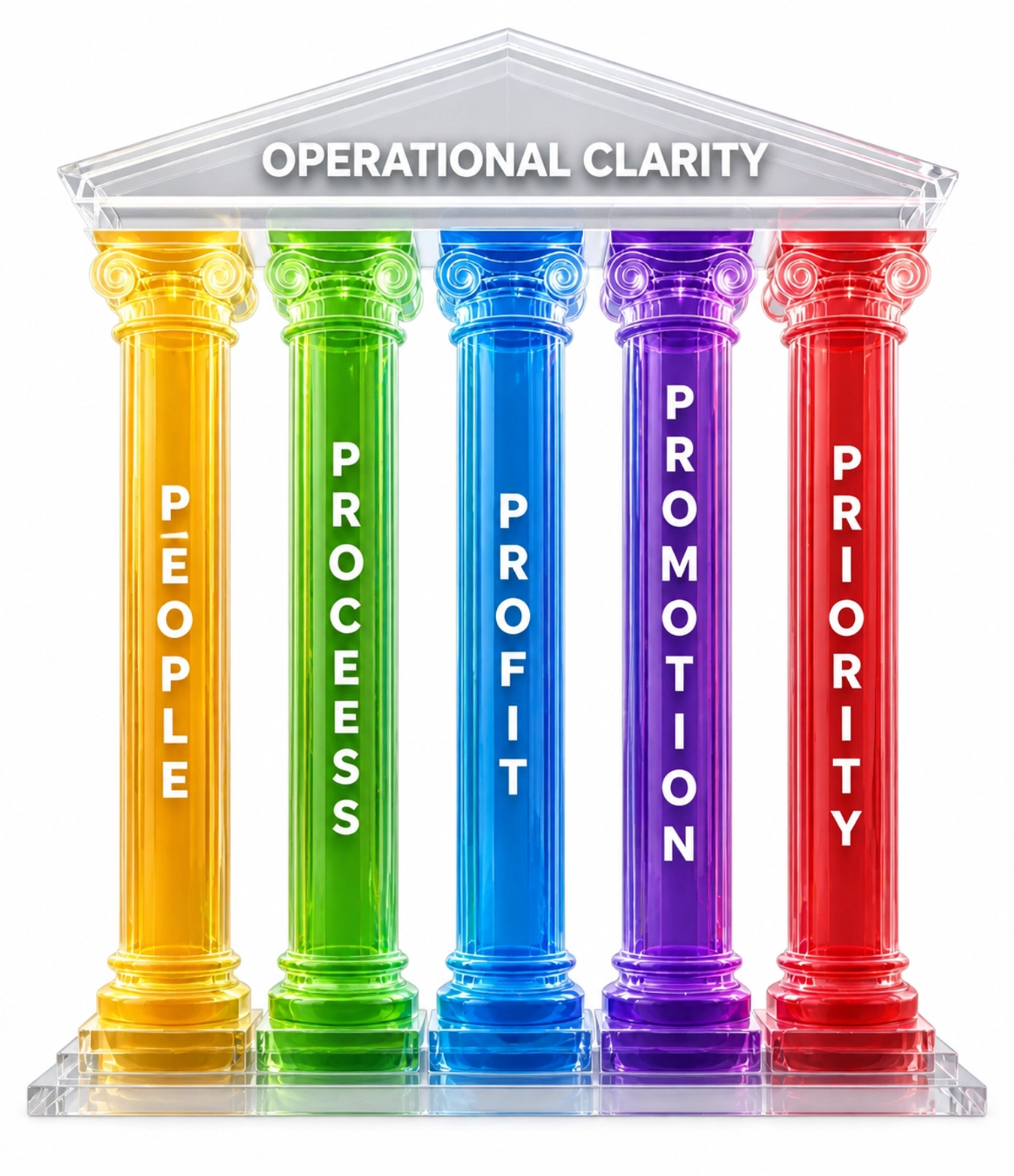 Isolated graphic of the Five Pillars (People, Process, Profit, Promotion, Priority) on a solid background showing how they build on each other.