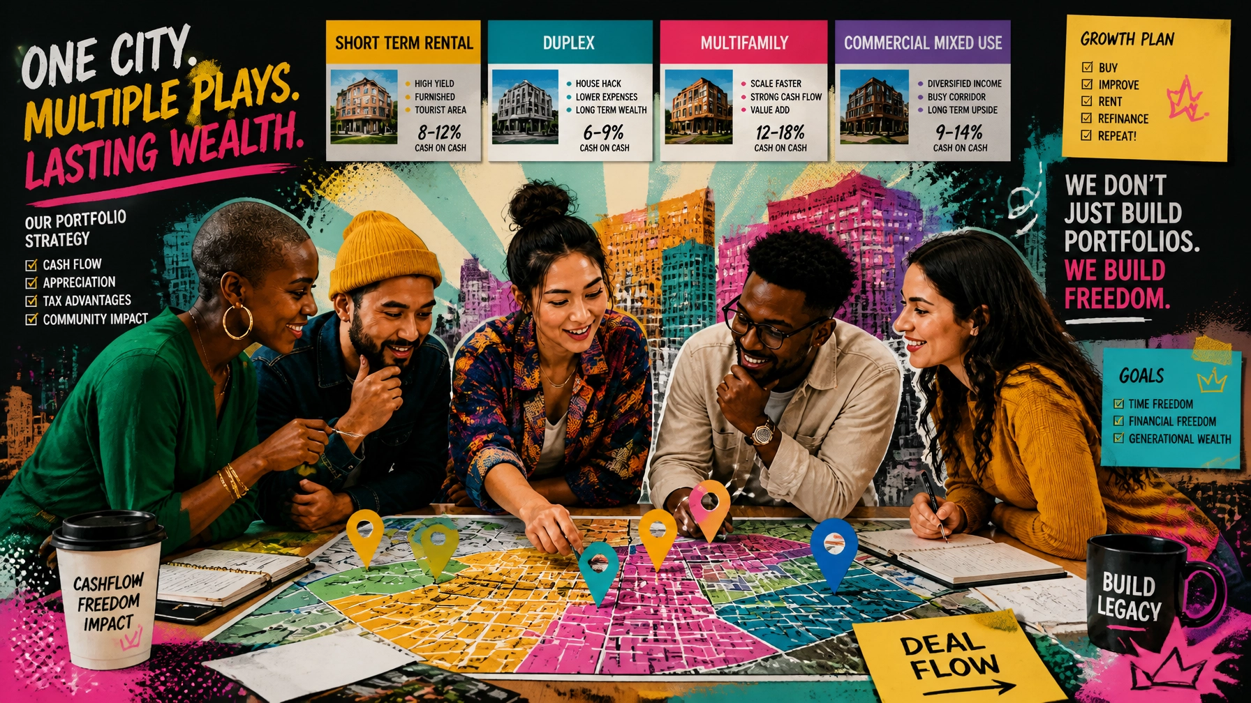 A bold, playful editorial image of diverse entrepreneurs planning a multi-unit portfolio with vivid blocks, territory maps, location markers, and high-contrast magazine-art styling.
