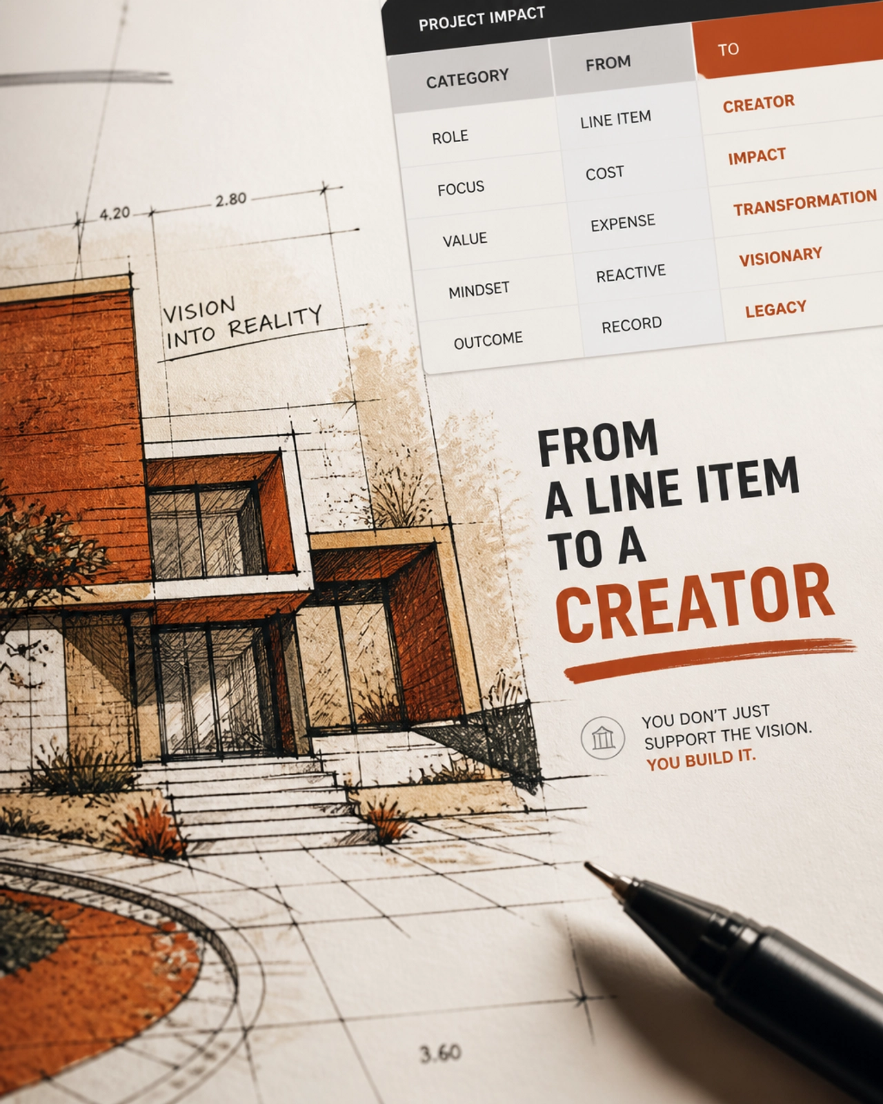 Close-up of an architectural drawing with a modern spreadsheet overlay, representing the shift from being a line item to a business creator.