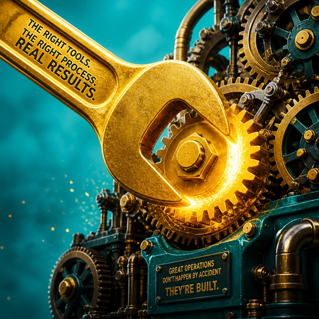 A poppy, energetic editorial-style image of a massive, oversized golden wrench tightening a glowing gear.