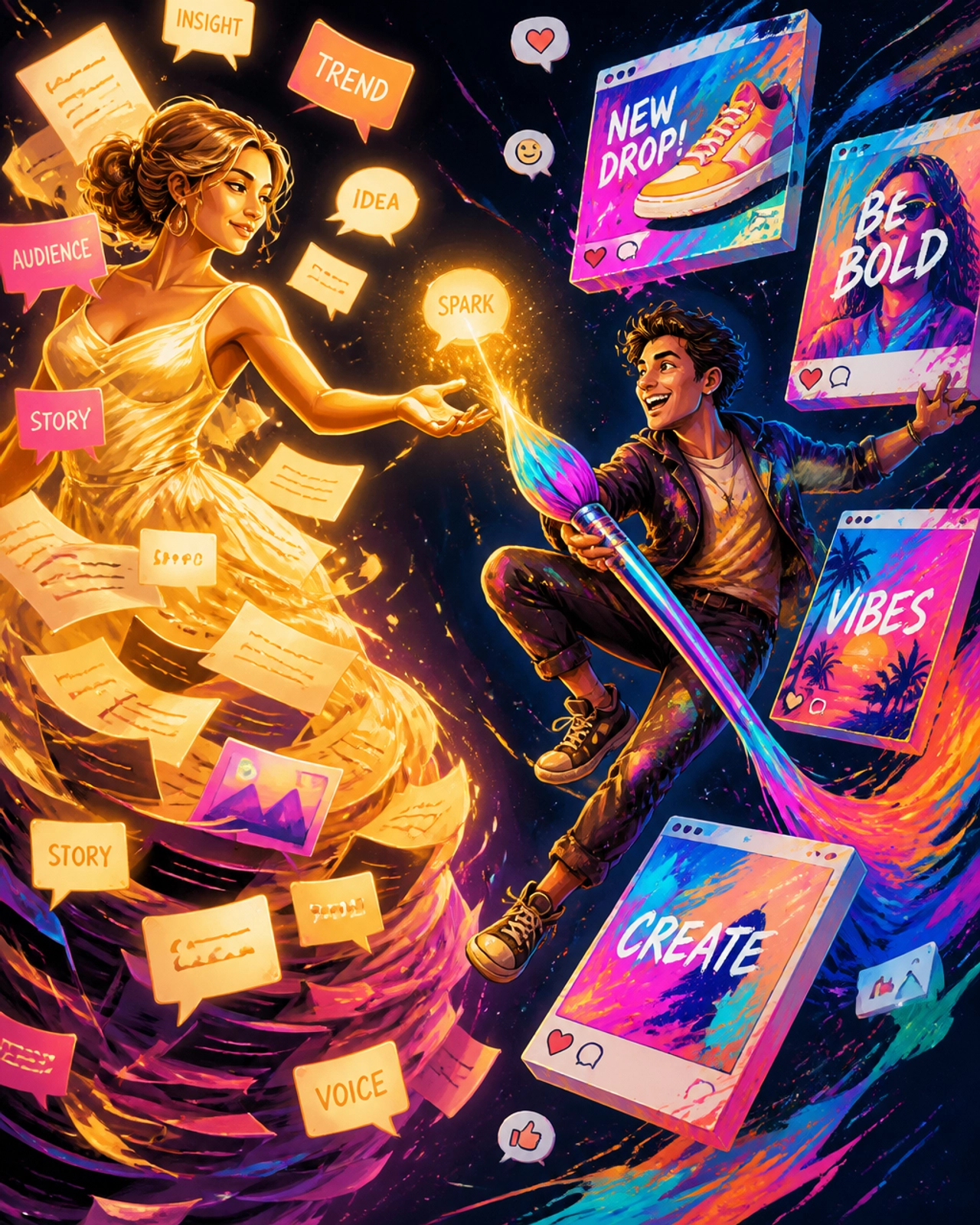 A surrealist editorial illustration showing Eva passing 'spark' ideas to Sonny, who paints them onto digital canvases.