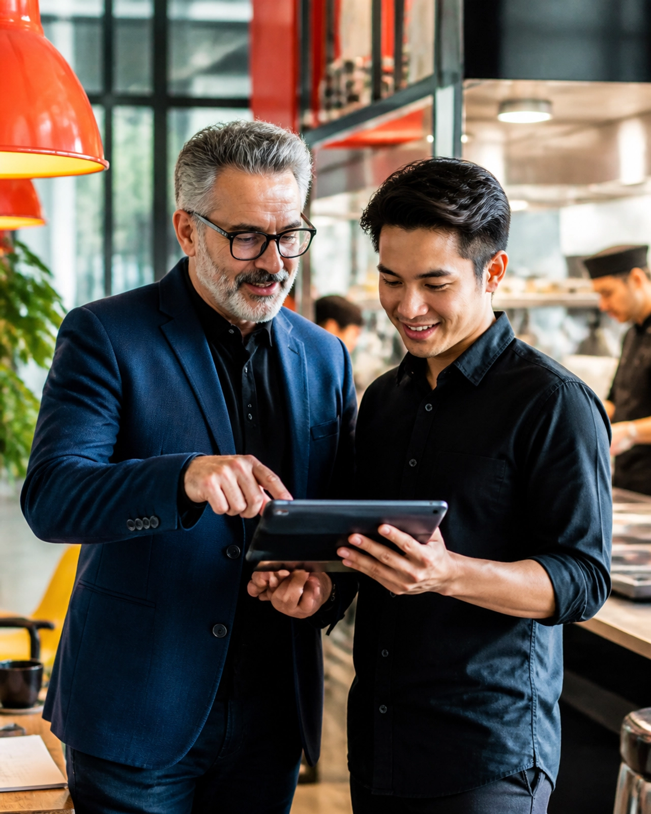 A professional and warm coaching moment showing a mentor and an entrepreneur reviewing a digital dashboard.
