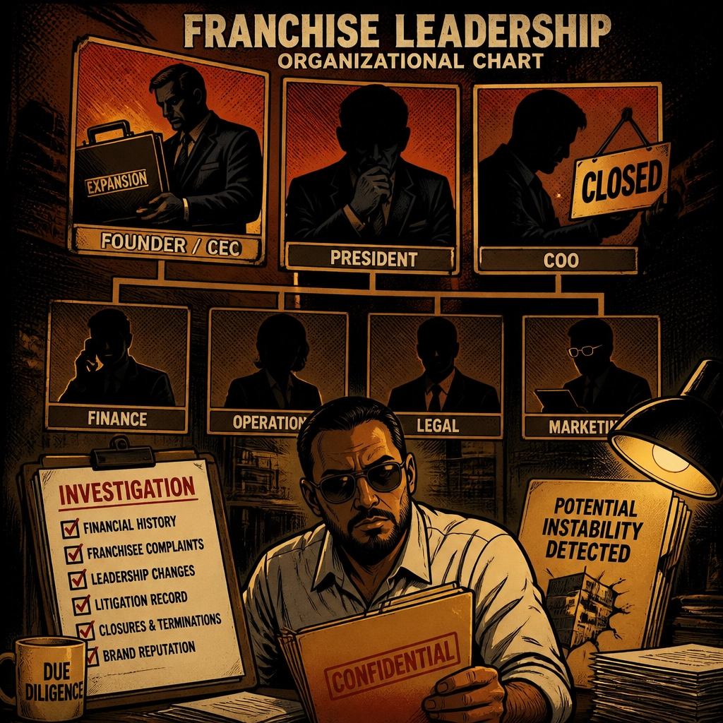 Comic-book style illustration of a leadership board with shadowed figures, representing the investigation of executive history and potential instability.