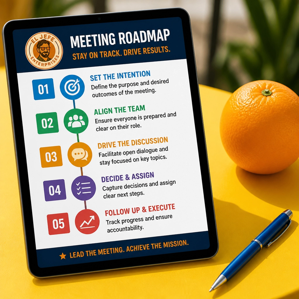 A poppy, high-contrast digital tablet screen displaying a 'Meeting Roadmap' illustrating organizational clarity.