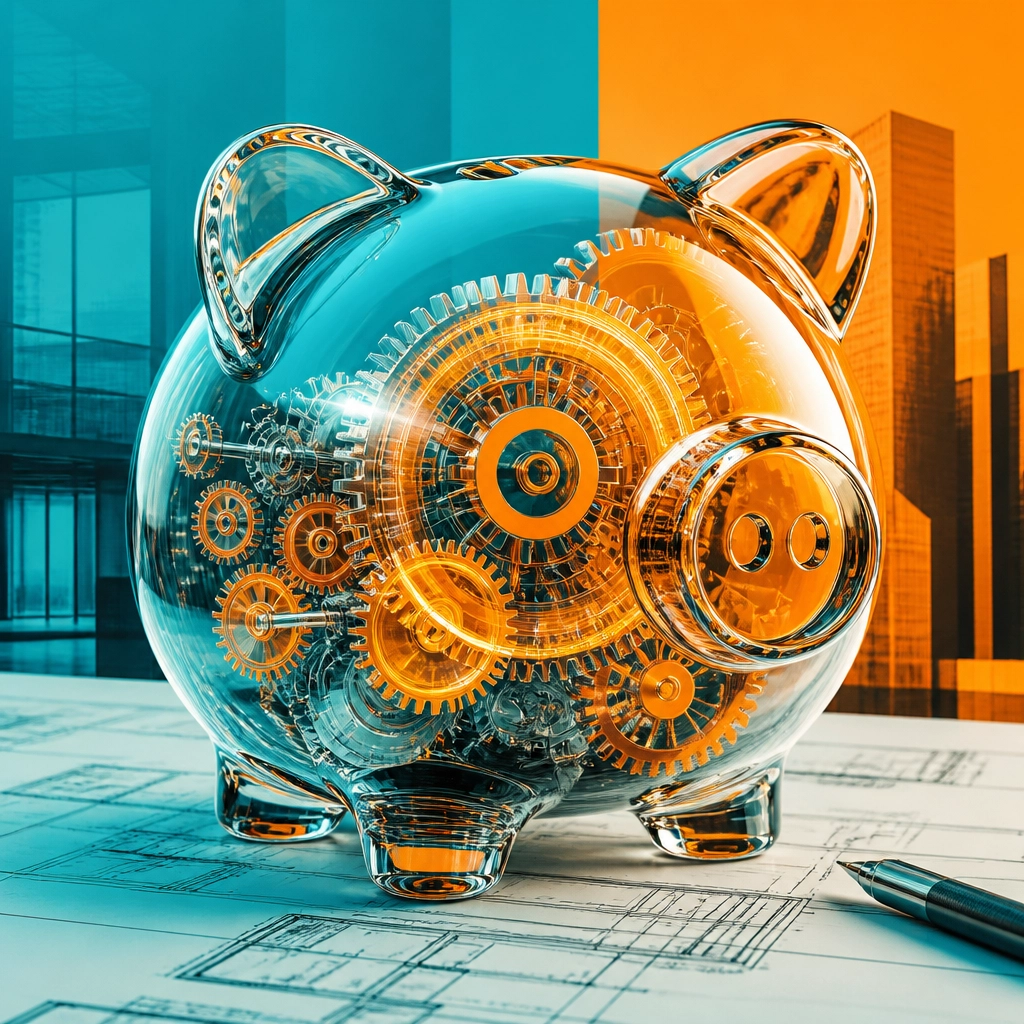 A transparent glass piggy bank showing the inner workings of a business deal