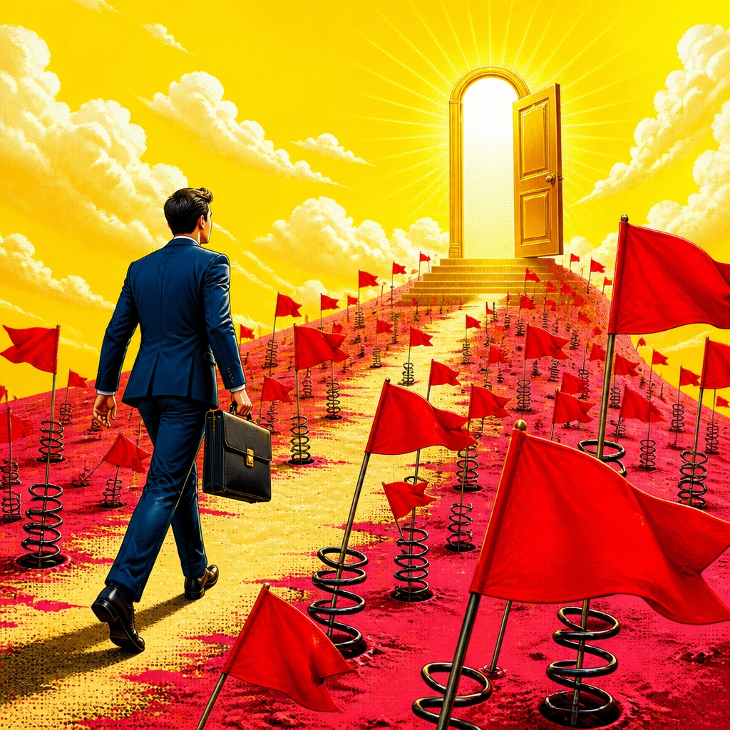 Artistic red flags popping up in front of a golden door