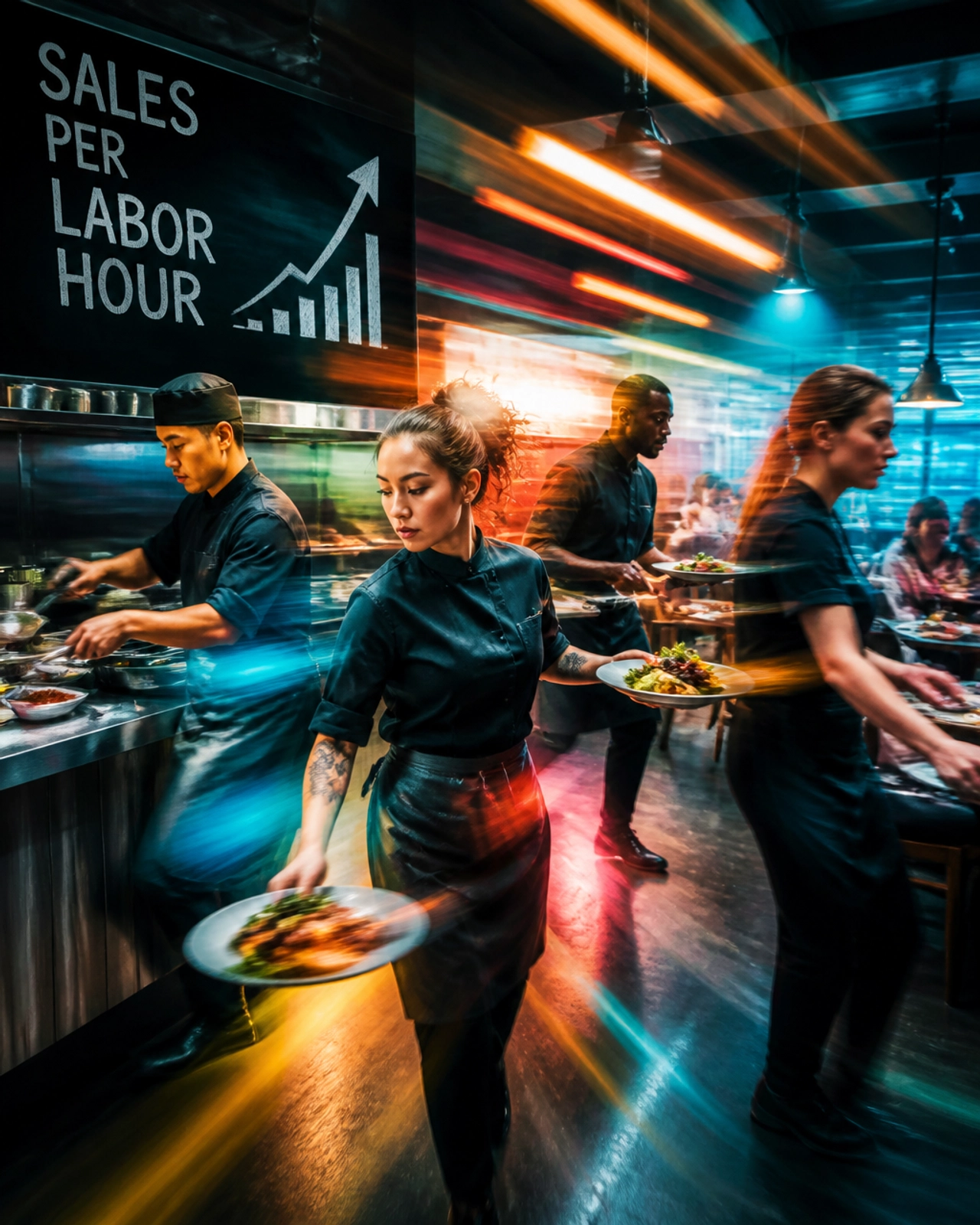 A high-energy editorial photograph of a diverse restaurant team moving with perfect synchronization