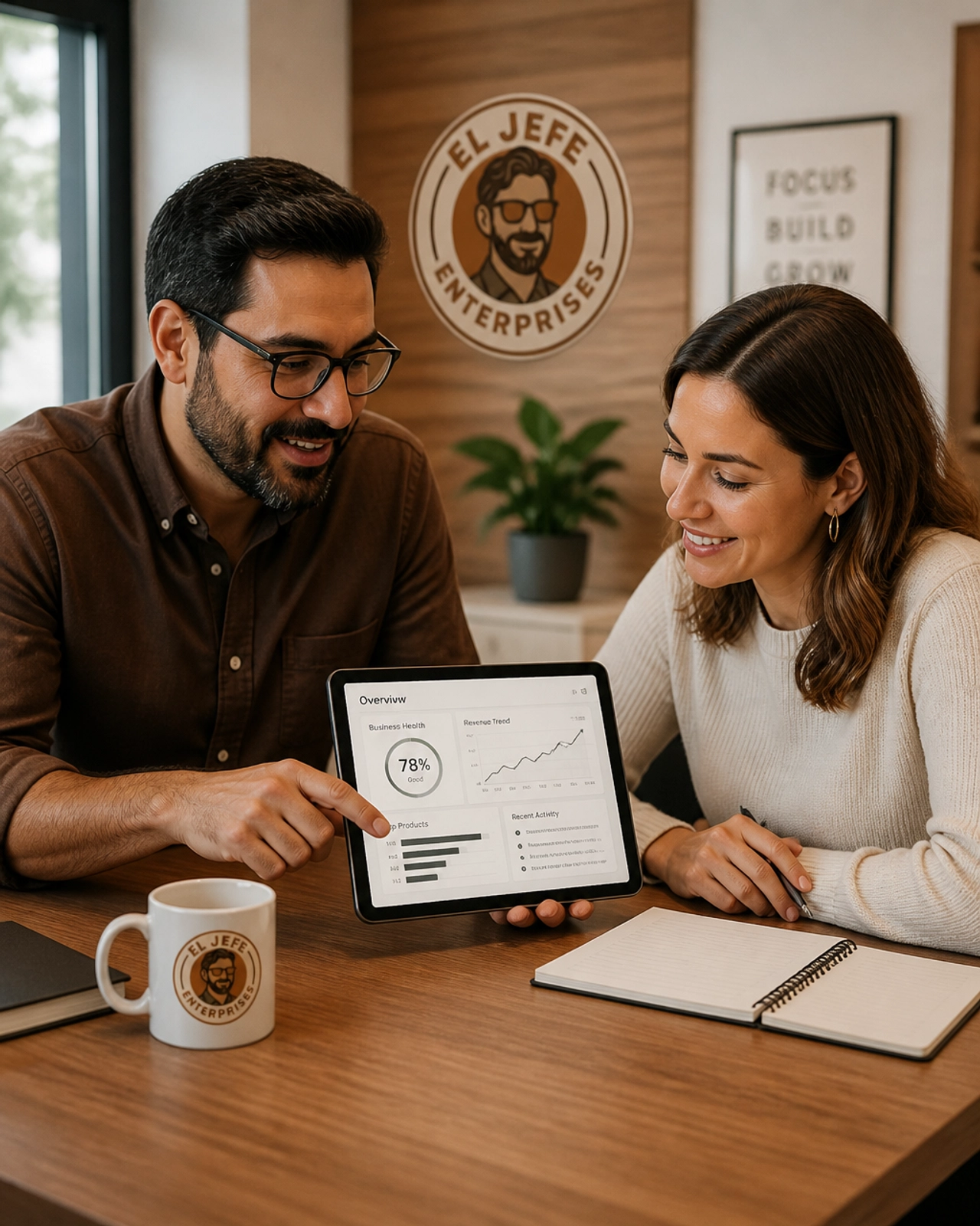 A professional but casual office setting with two people reviewing a digital dashboard on a tablet.