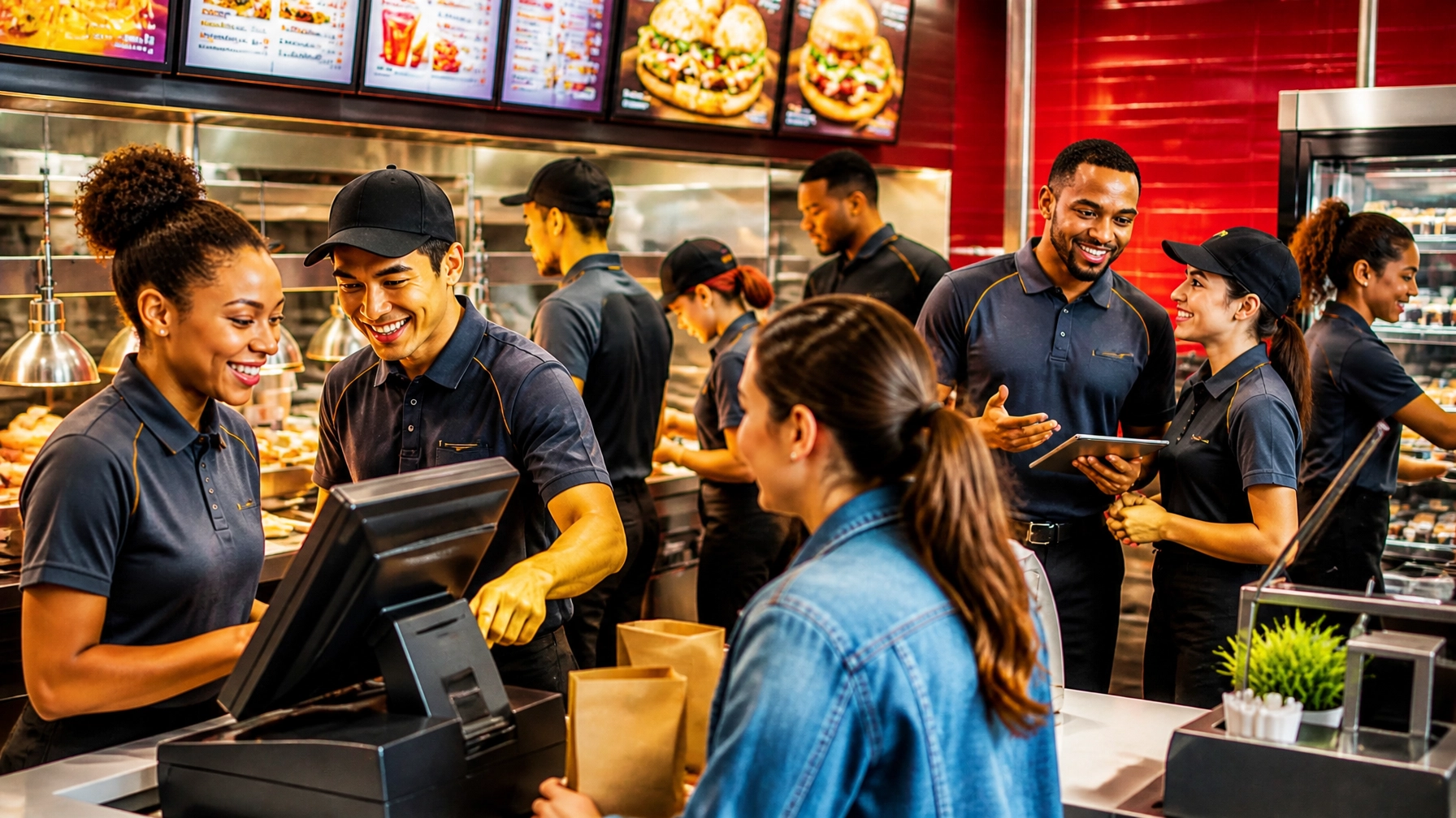 A diverse, organized team working in a bold, colorful quick-service setting with lively movement and polished editorial energy.