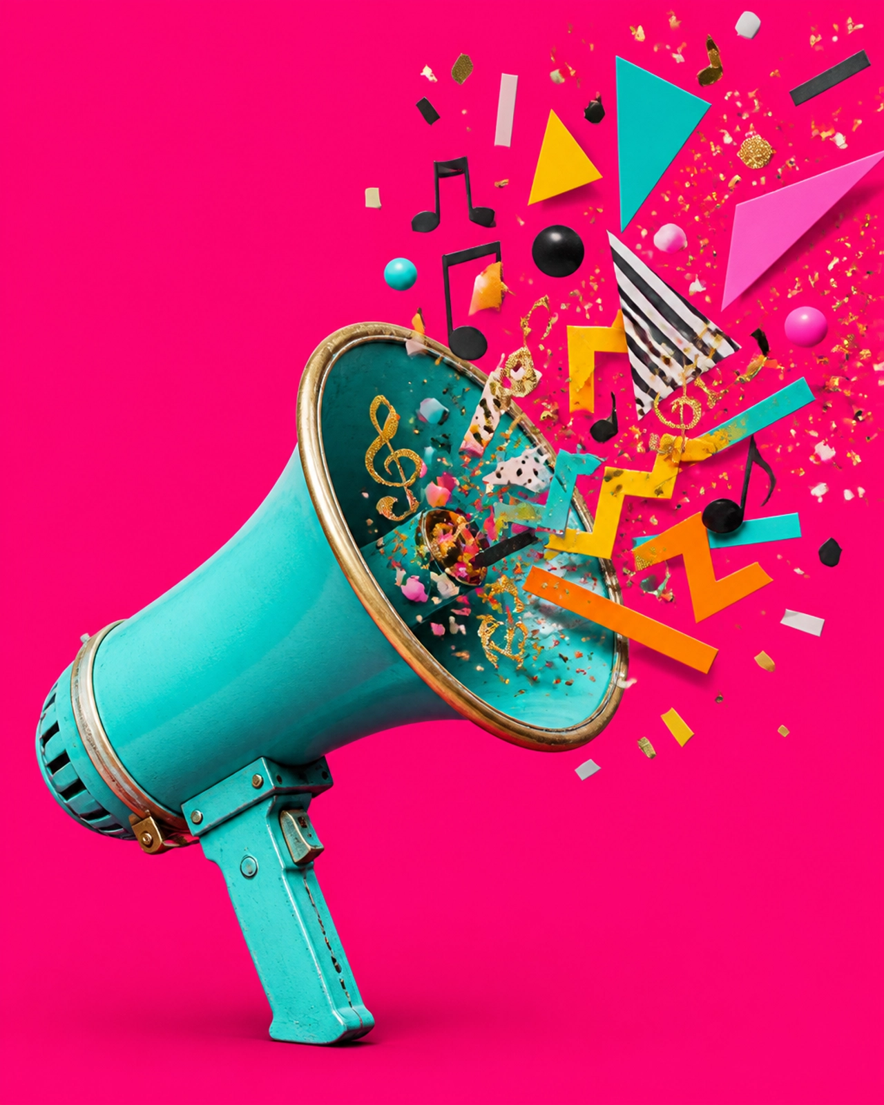 A stylish turquoise vintage megaphone with a burst of vibrant confetti and shapes against a hot pink background.
