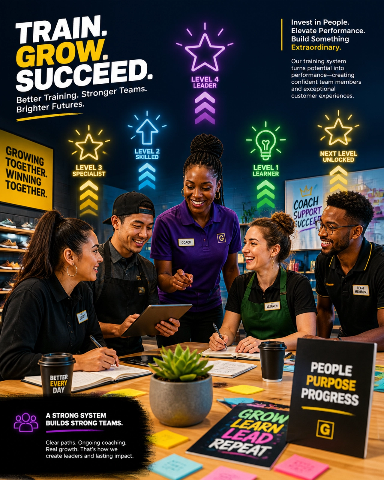 A diverse team of professionals leveling up, with glowing icons of stars and lightbulbs above their heads, representing a structured training system.