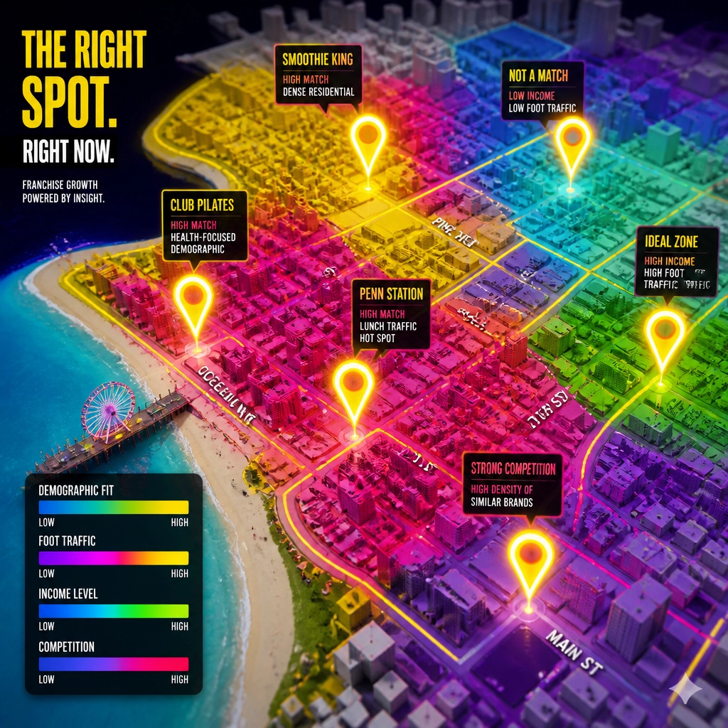 A vibrant surrealist map of a city neighborhood with glowing pins and heat zones representing demographics and competition.