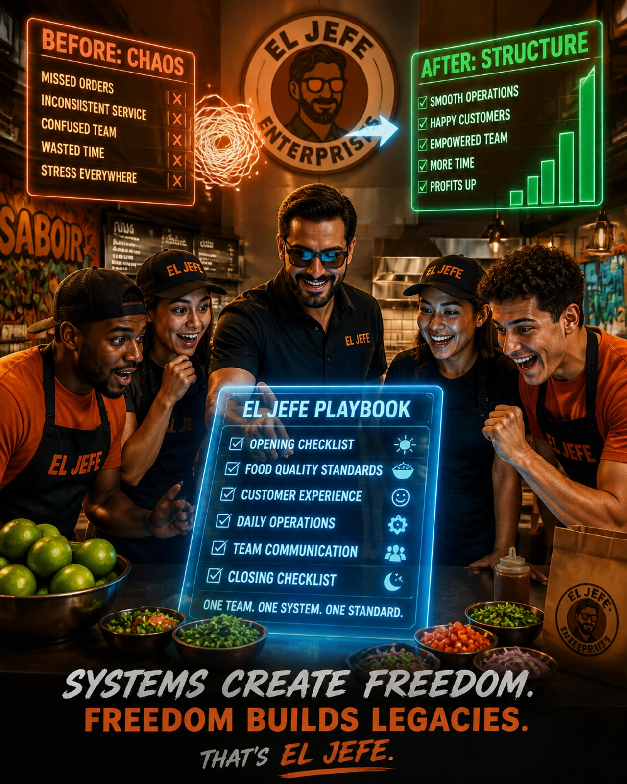 An energetic scene of a franchise team using organized, structured systems to drive growth.
