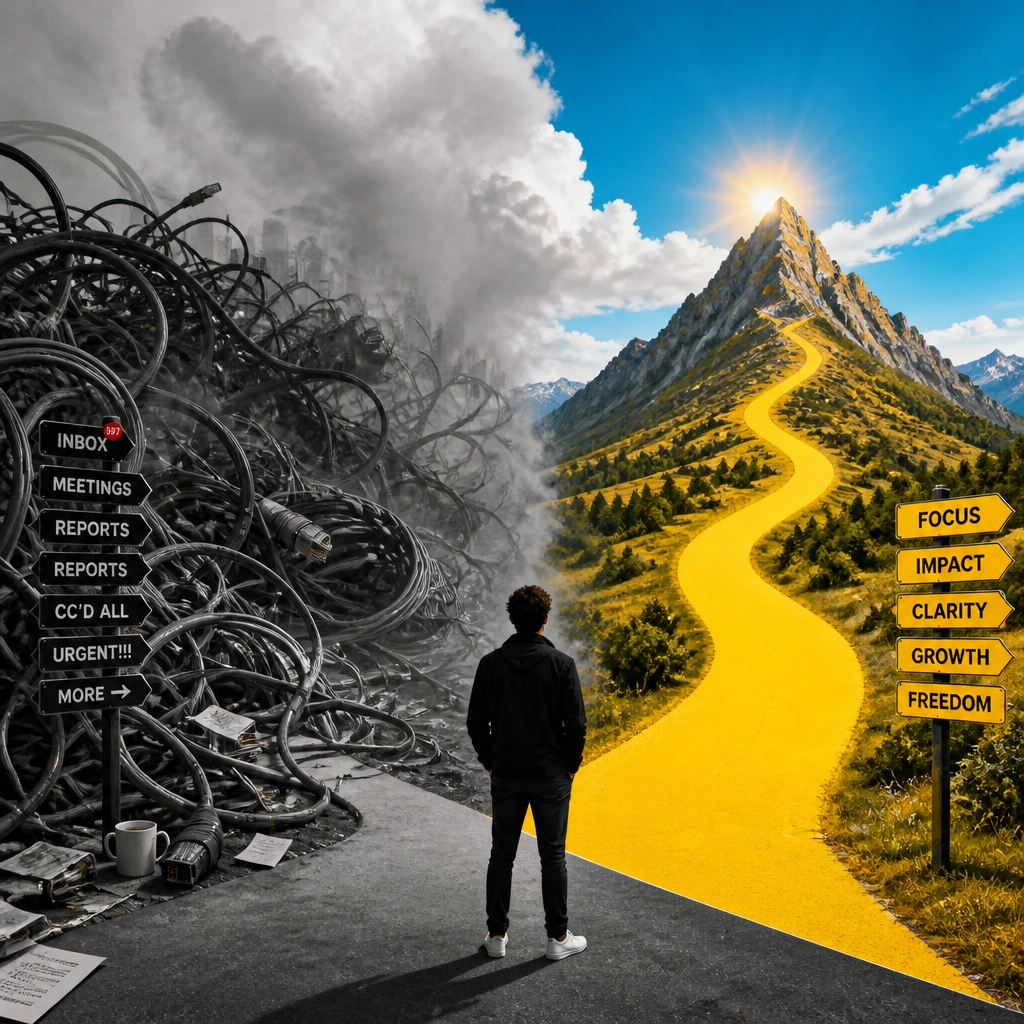 A person at a crossroads choosing a vibrant, glowing path over a cluttered, gray one, symbolizing the choice of high-impact priorities