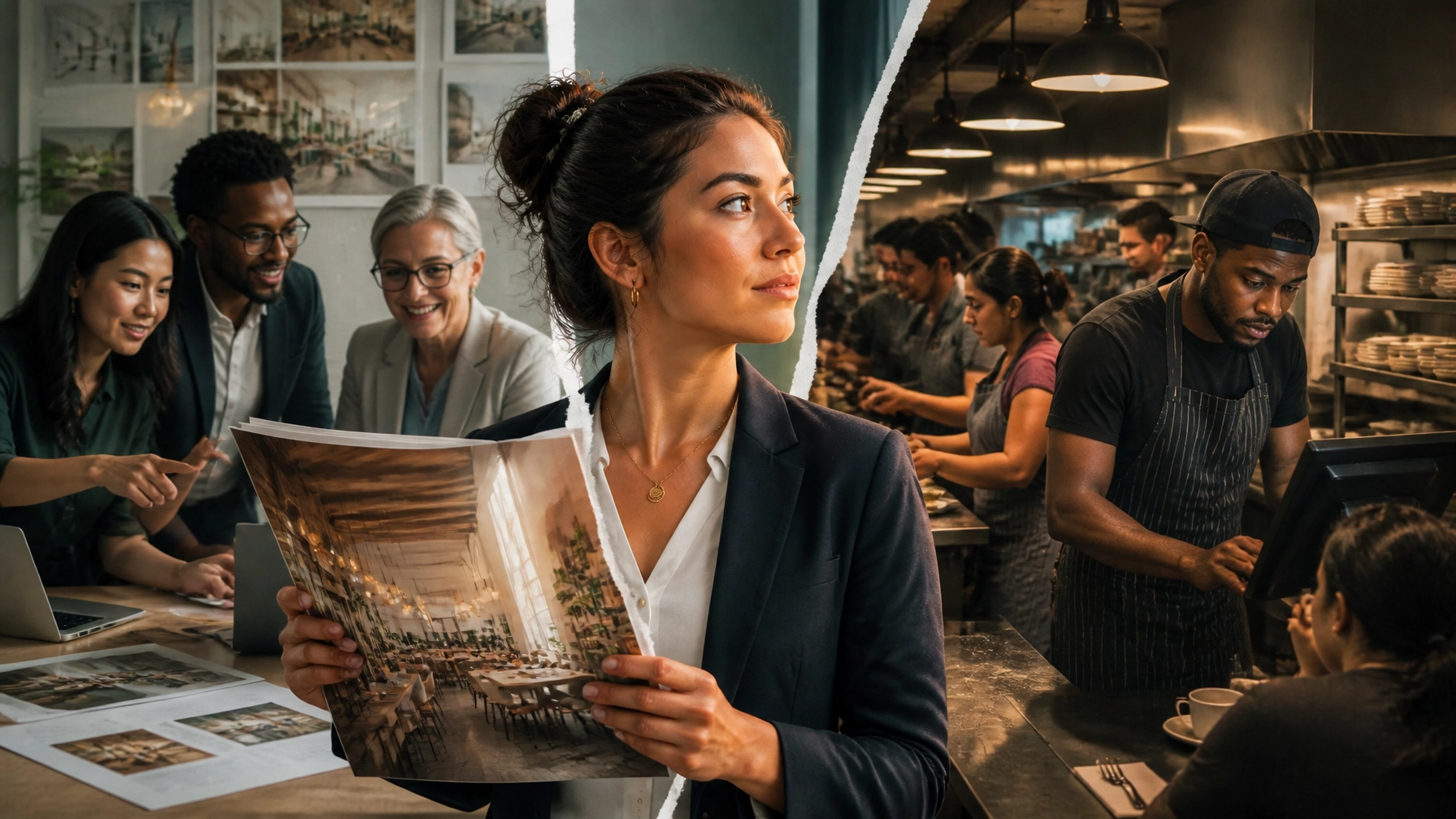A smart, professional editorial visual showing the shift from polished franchise marketing to the reality of daily operations.