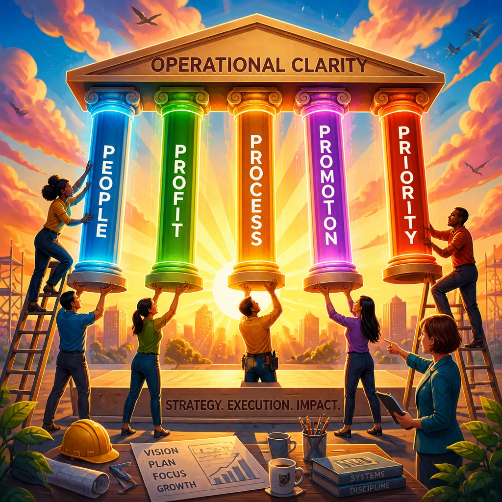 The Five Pillars of Operational Clarity as vibrant glowing architectural columns being set into place