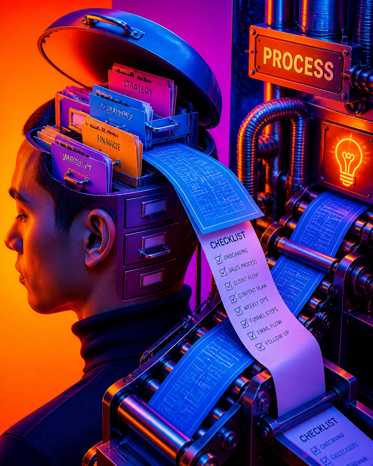 A surrealist editorial image of a person's head opening like a filing cabinet with blueprints flowing into a machine