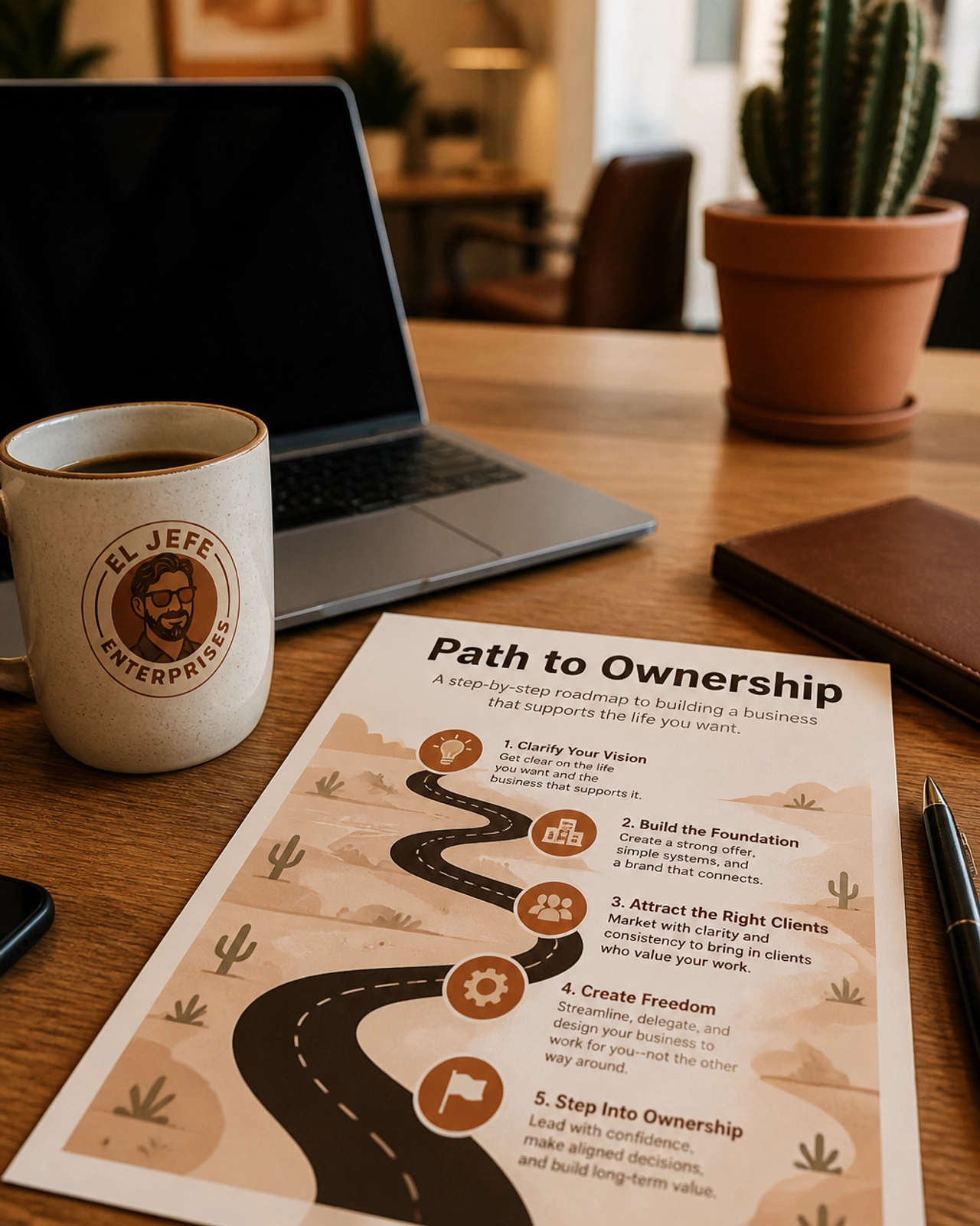 A professional workspace featuring a 'Path to Ownership' roadmap and warm, grounded tones.