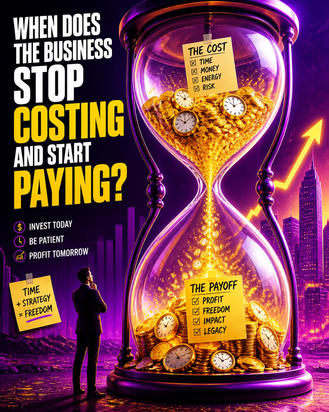 A surreal and vibrant editorial image representing business profit and time with a giant neon hourglass.