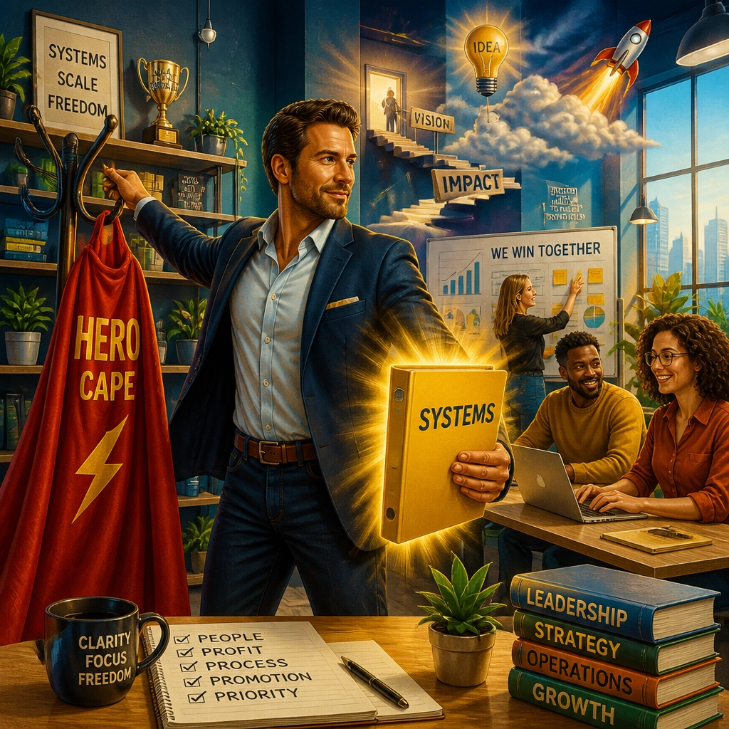 A business owner hanging up an orange cape and picking up a glowing folder labeled SYSTEMS in a vibrant office