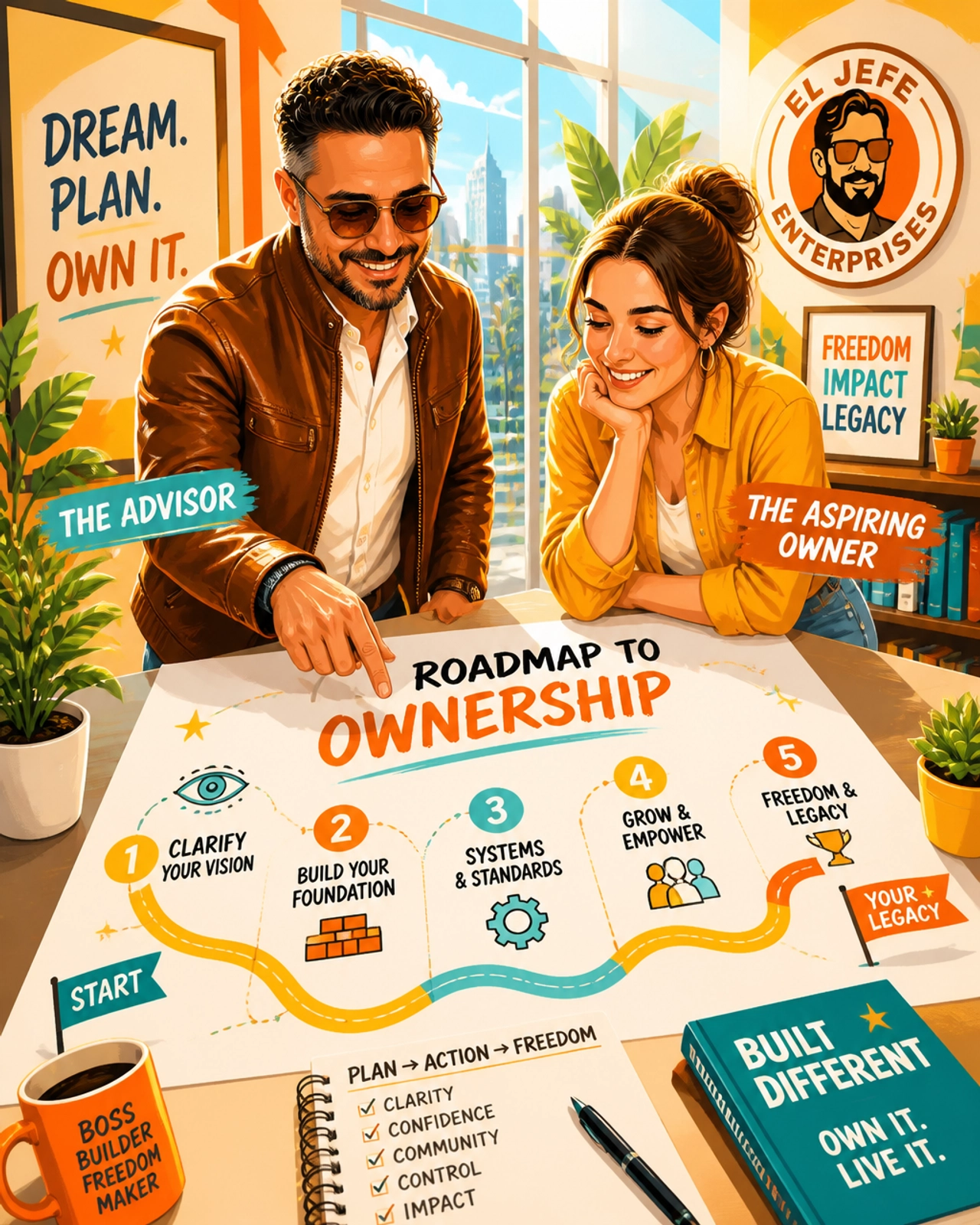 A bright, airy editorial illustration of an advisor and a prospective owner looking at a colorful, simplified roadmap together in a sun-drenched workspace.