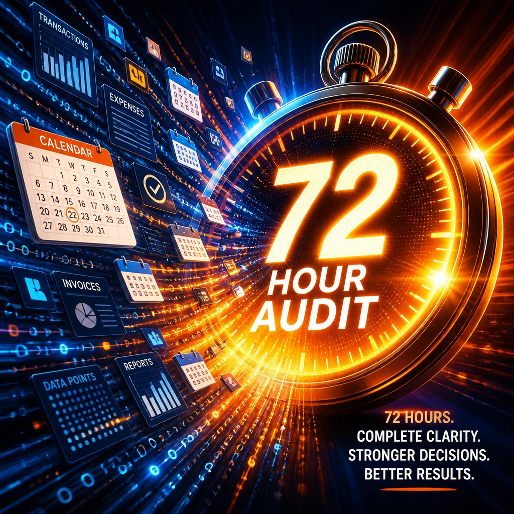 A glowing digital clock symbolizing a 72-hour audit with data points swirling into it.