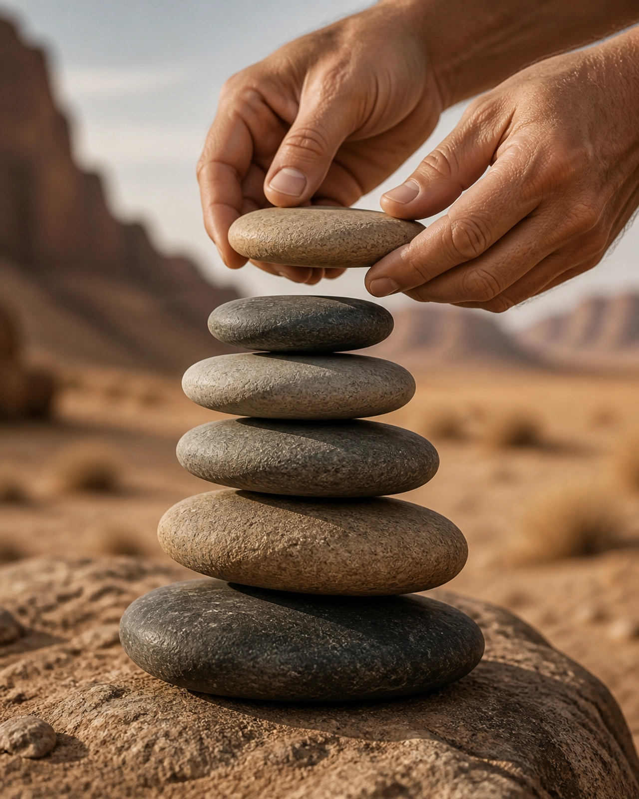 Hands placing a stone on a stable stack in a desert, symbolizing building a business on a solid, debt-free foundation.