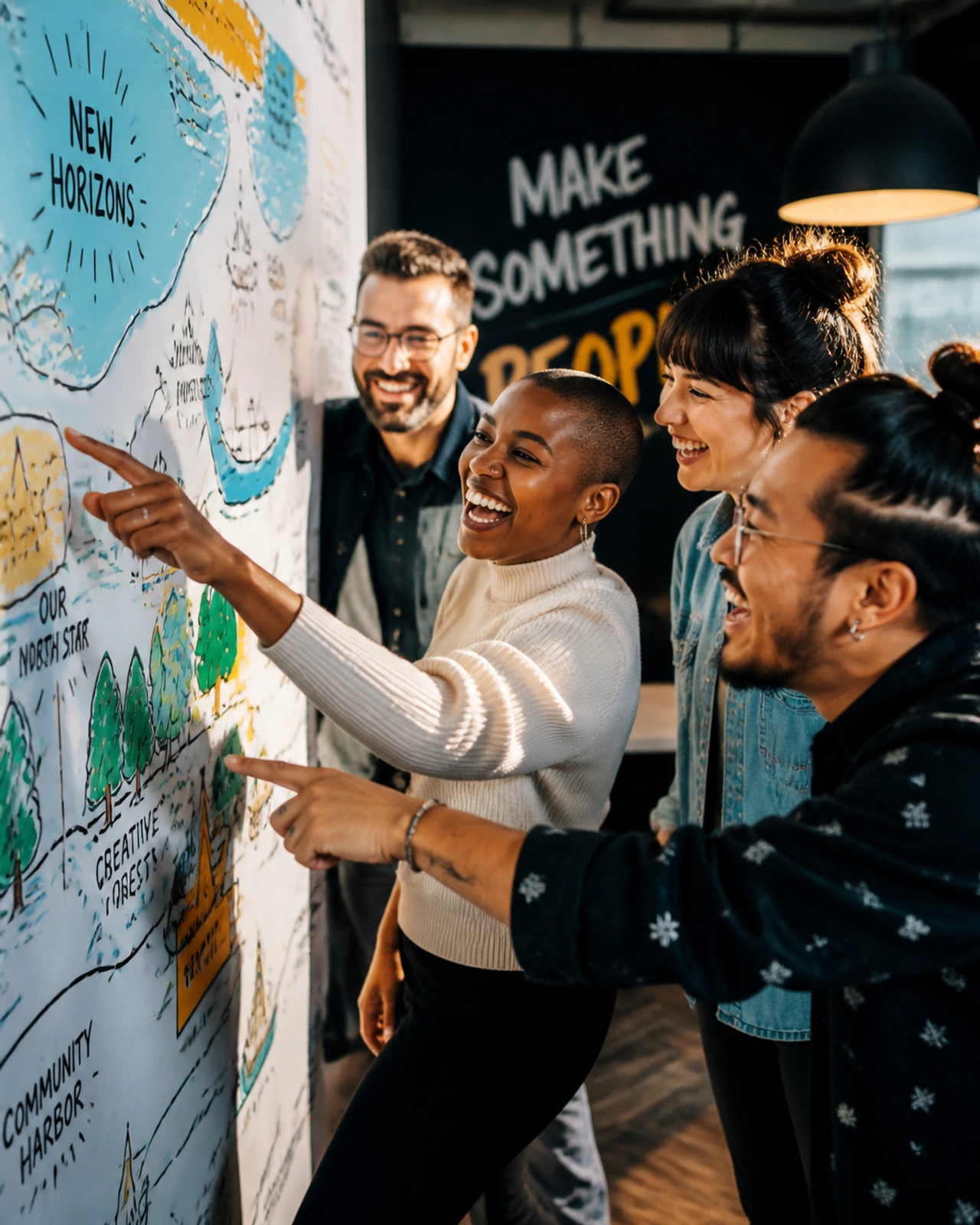 A poppy, energetic editorial-style photo of a diverse team in a high-energy collaborative huddle, looking at a vibrant wall diagram with excitement and shared direction.