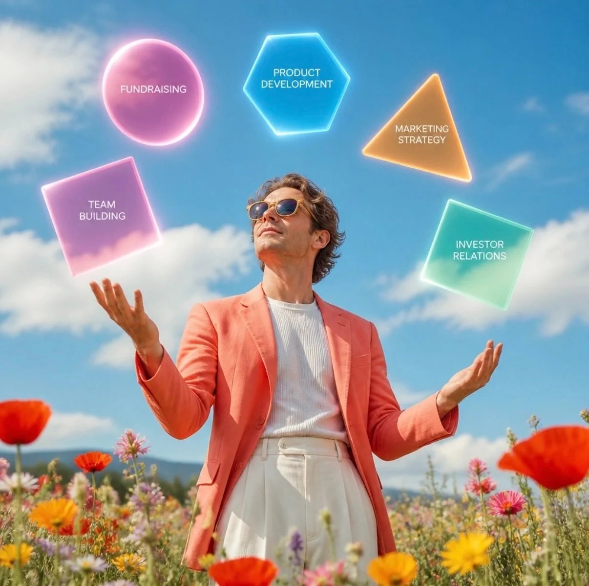 A business owner balancing multiple glowing icons representing various business functions, illustrating the complexity of managing a team and operations.