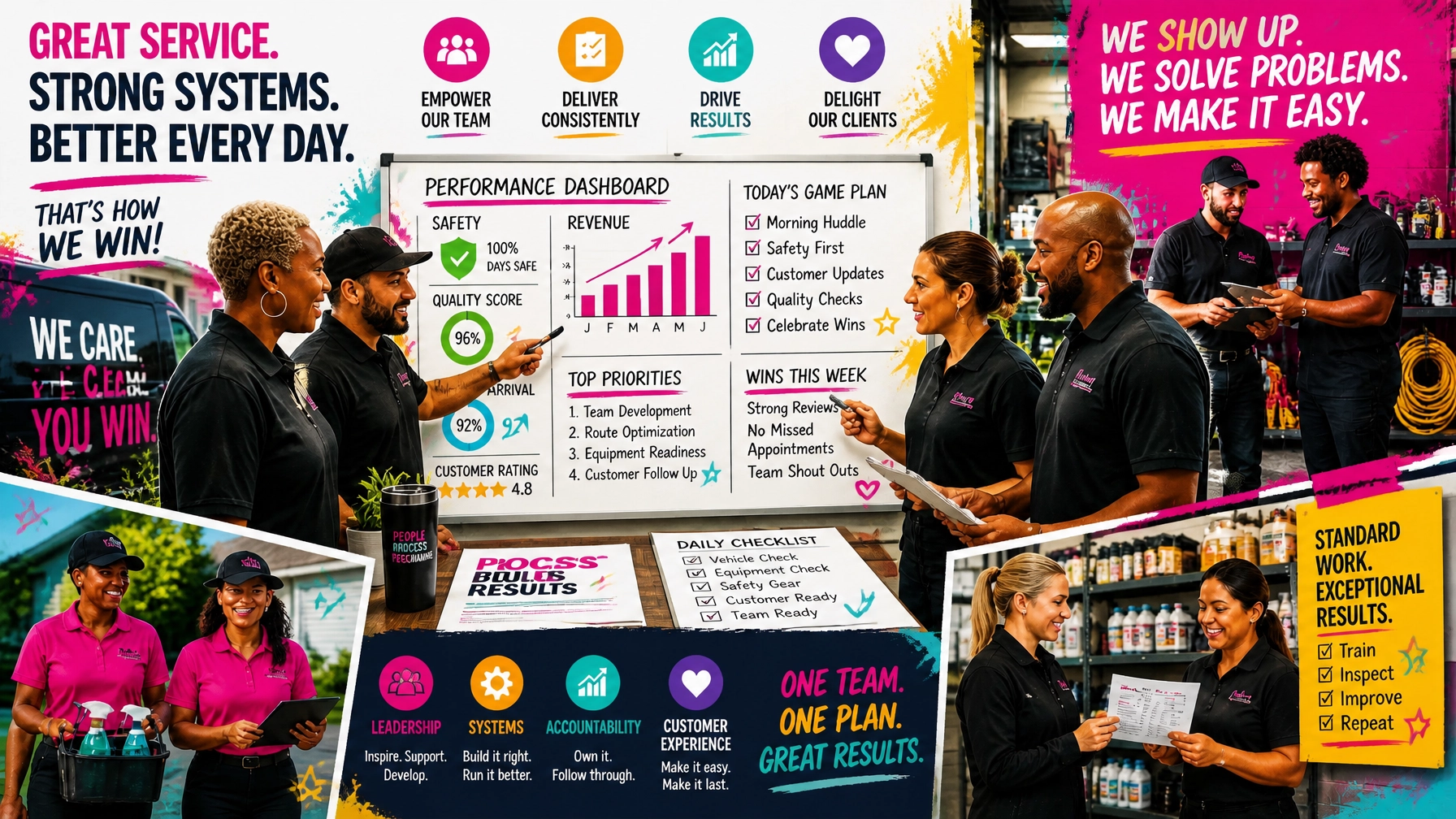 A high-energy editorial scene of a diverse multi-location management team reviewing systems, checklists, and performance rhythms with bold colors and premium magazine-style visual flair.