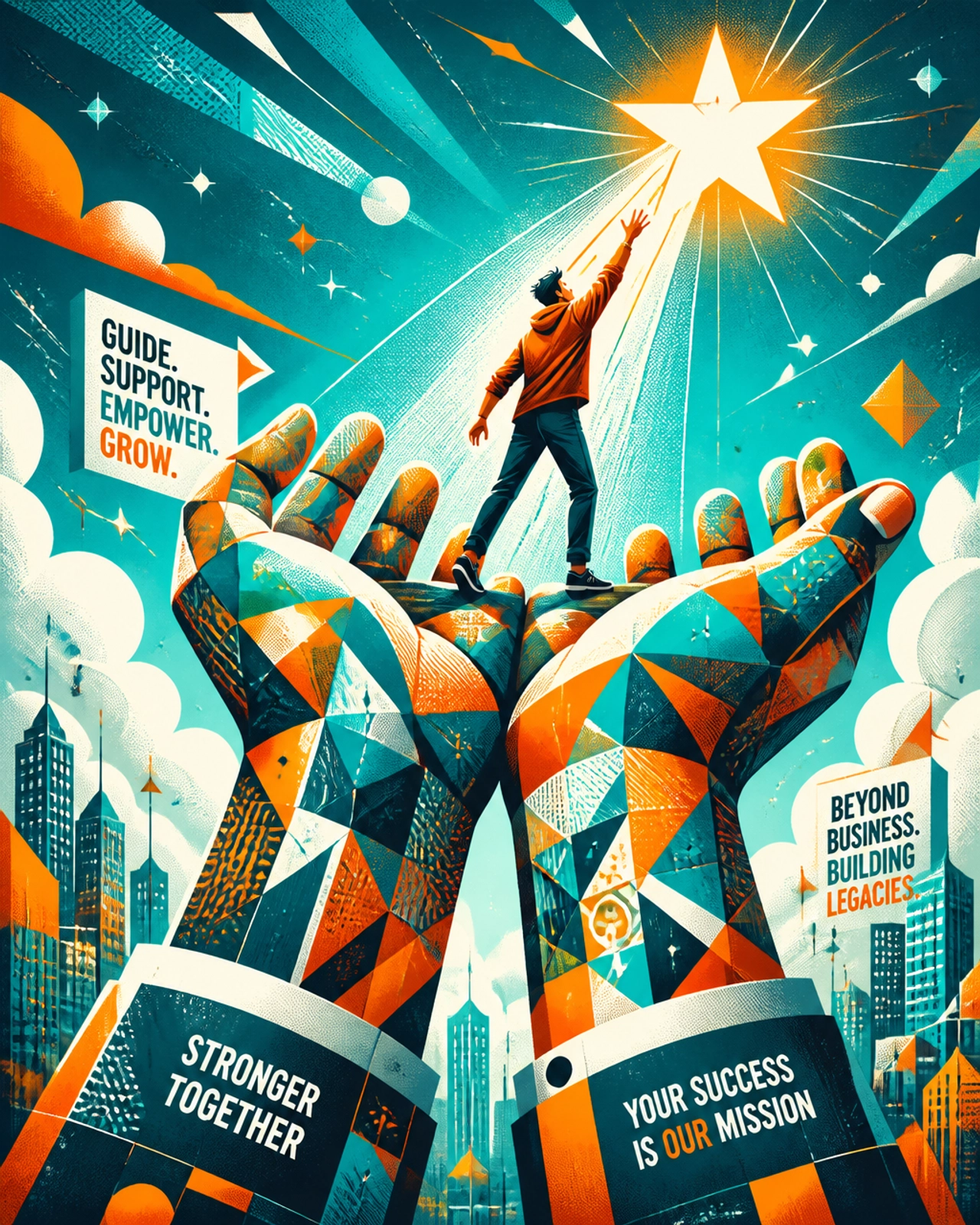A vibrant, surrealist editorial image about leadership and support, showing giant colorful hands holding up a person.