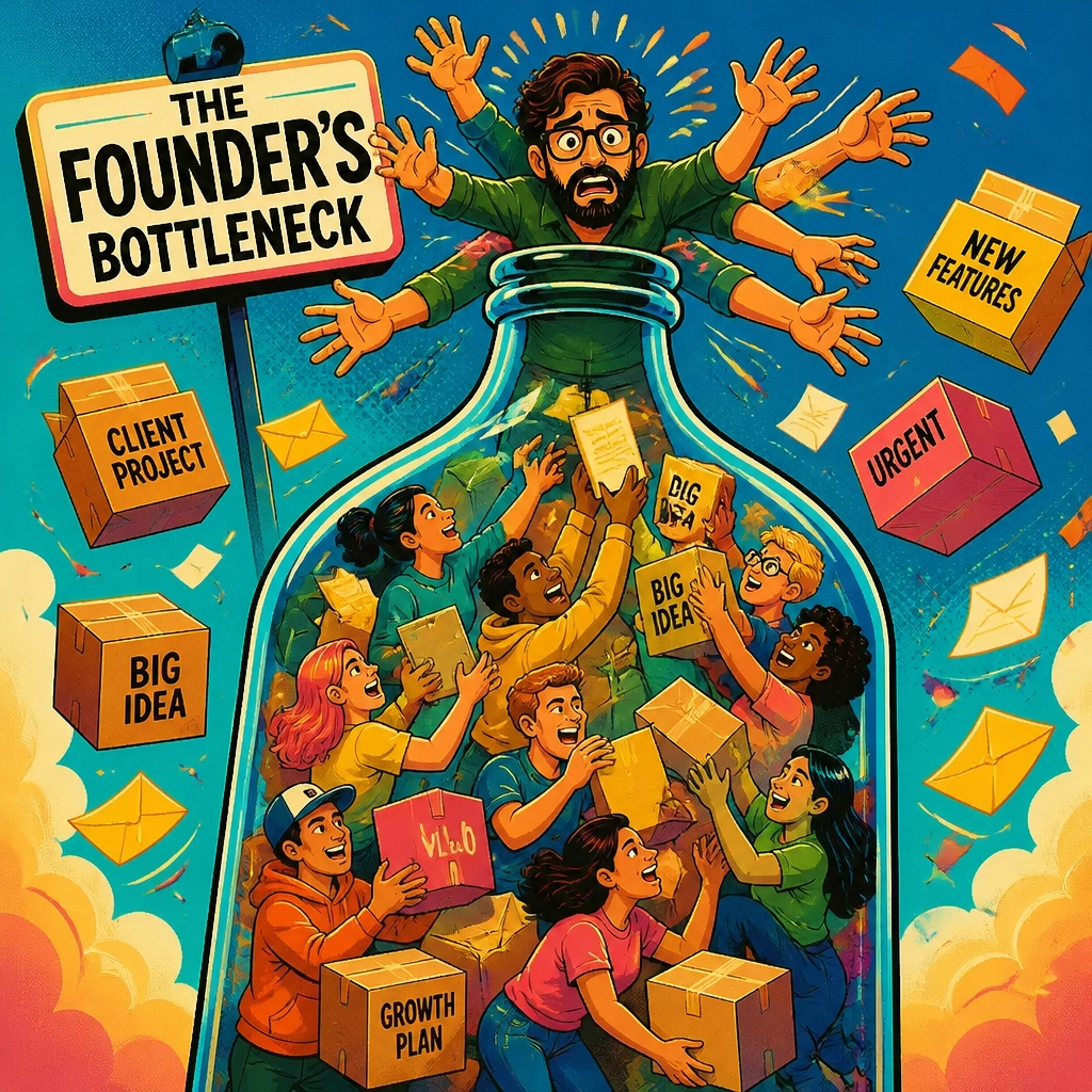 A surreal illustration of a giant glass bottle with a founder stuck in the narrow neck, blocking growth and packages