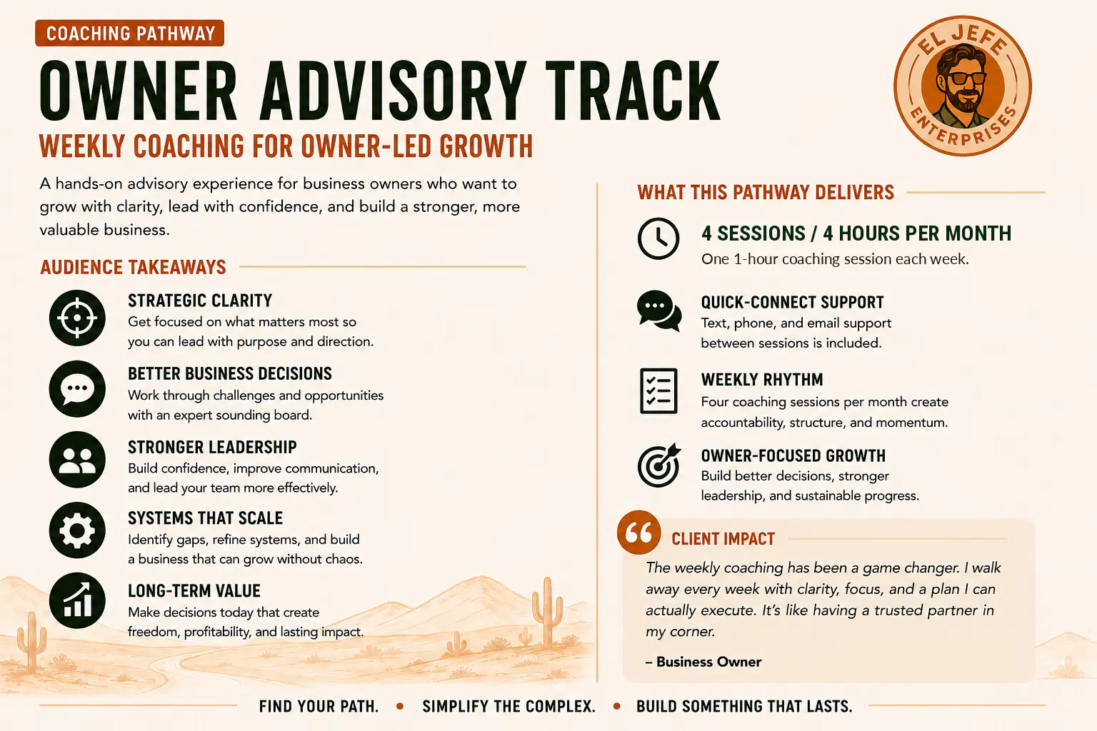 Owner Advisory Track Coaching Pathway infographic showing the five key takeaways: strategic clarity, better decisions, stronger leadership, scalable systems, and long-term value. The layout is clean and uses desert-themed branding.
