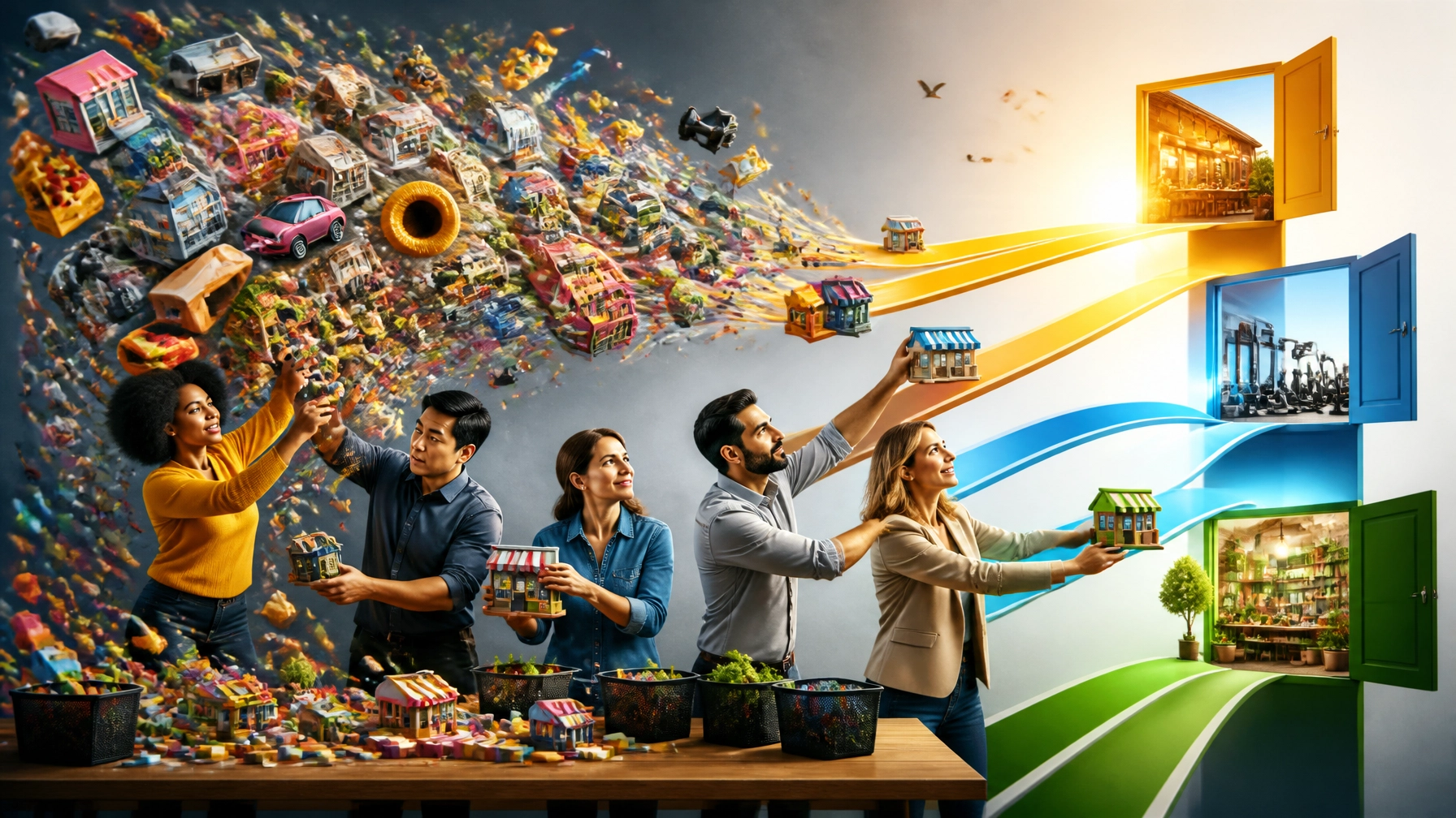 A high-end energetic magazine-style image showing diverse business owners moving from overwhelm to clarity as they sort a burst of colorful franchise options into a few bright, confident strategic paths.