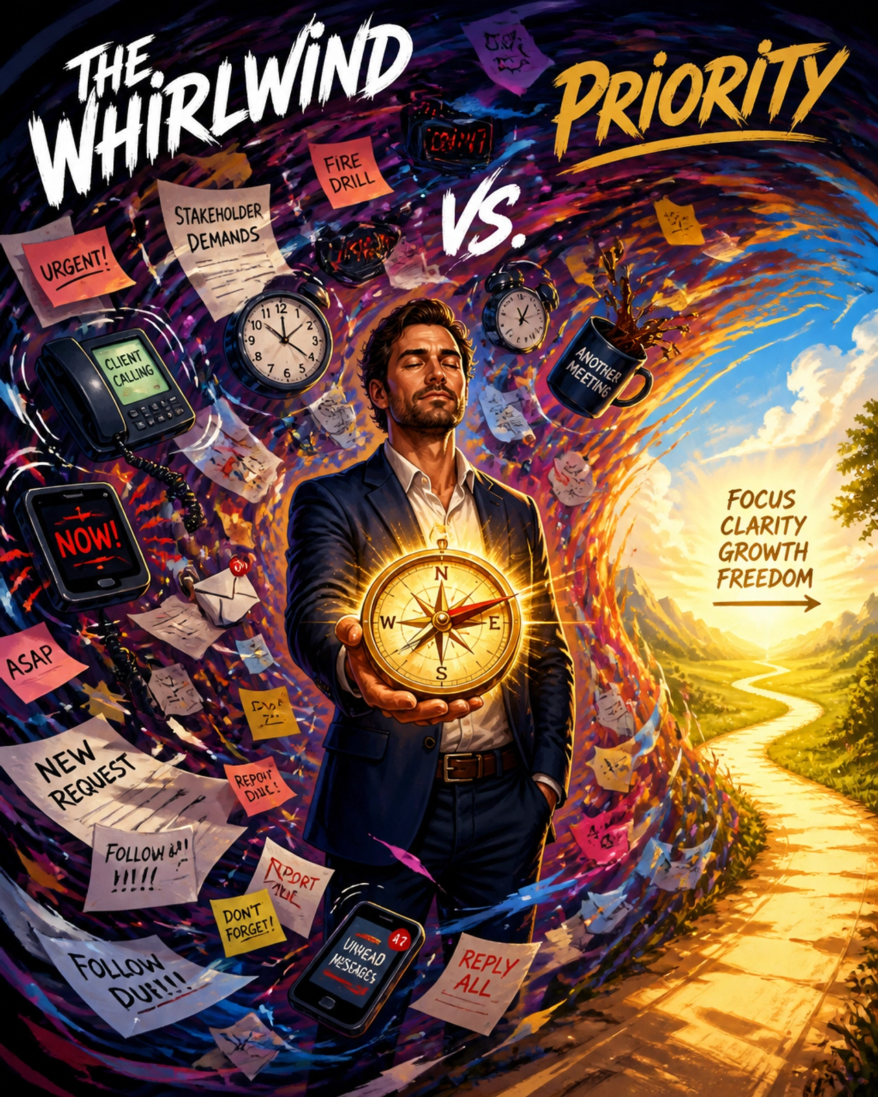 A business owner holding a glowing golden compass, standing calmly in the center of a vibrant operational vortex.