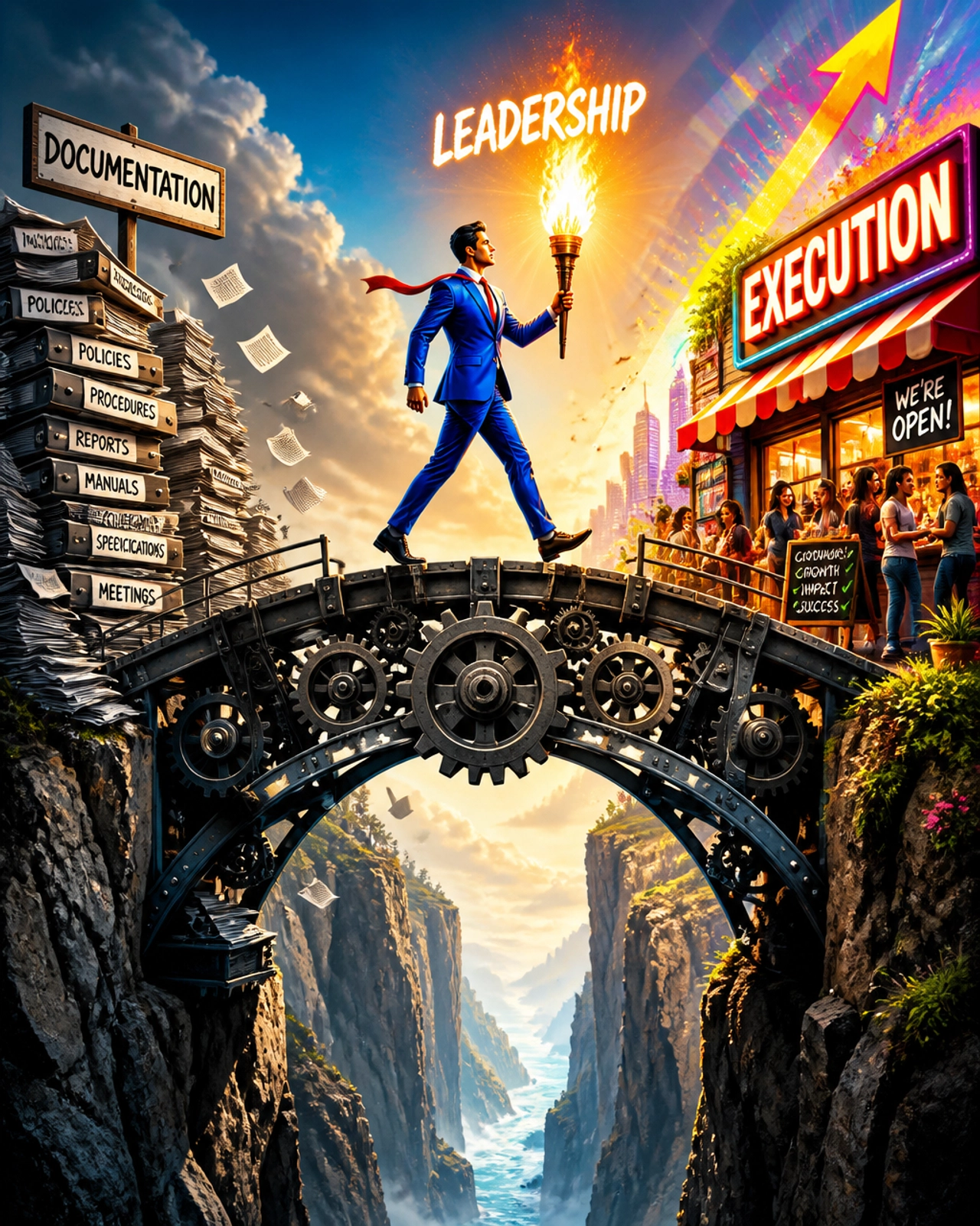 A bold visual metaphor of a bridge made of gears spanning a chasm between Documentation and Execution, with a leader carrying a torch of clarity across it.