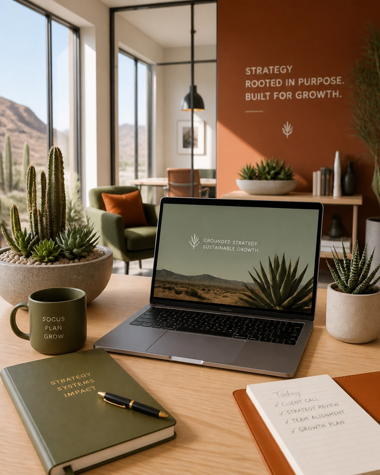 A bright, modern office with desert flora and a laptop, symbolizing the integration of modern tech and grounded business growth.